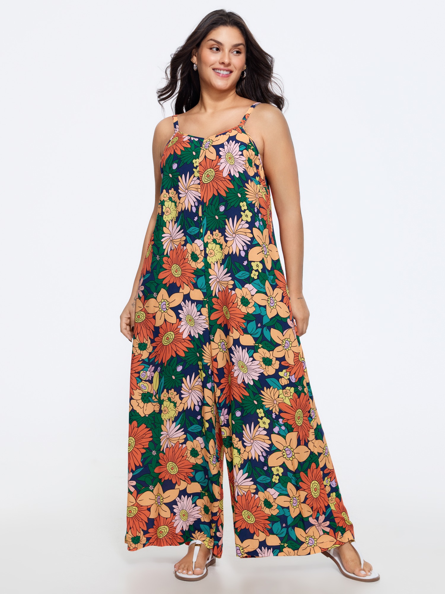 BloomChic Plus Size Vivid Groove Floral Sleeveless Wide Leg Jumpsuit - Curve Women's Amber Playsuit - Comfort Midsection Fit Side Pocket Wide leg Jumpsuits 14/M