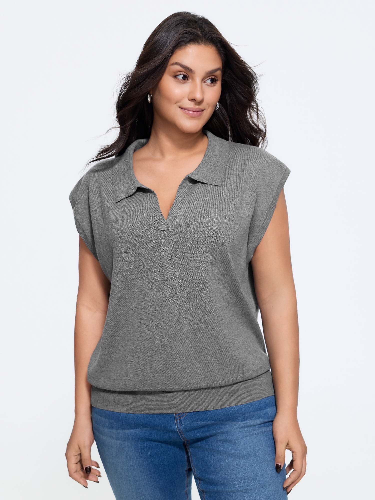 BloomChic Heather Split Polo Collar Loose Sweater Vest Women's Plus Size Women DarkGray Polo Collar 10/M