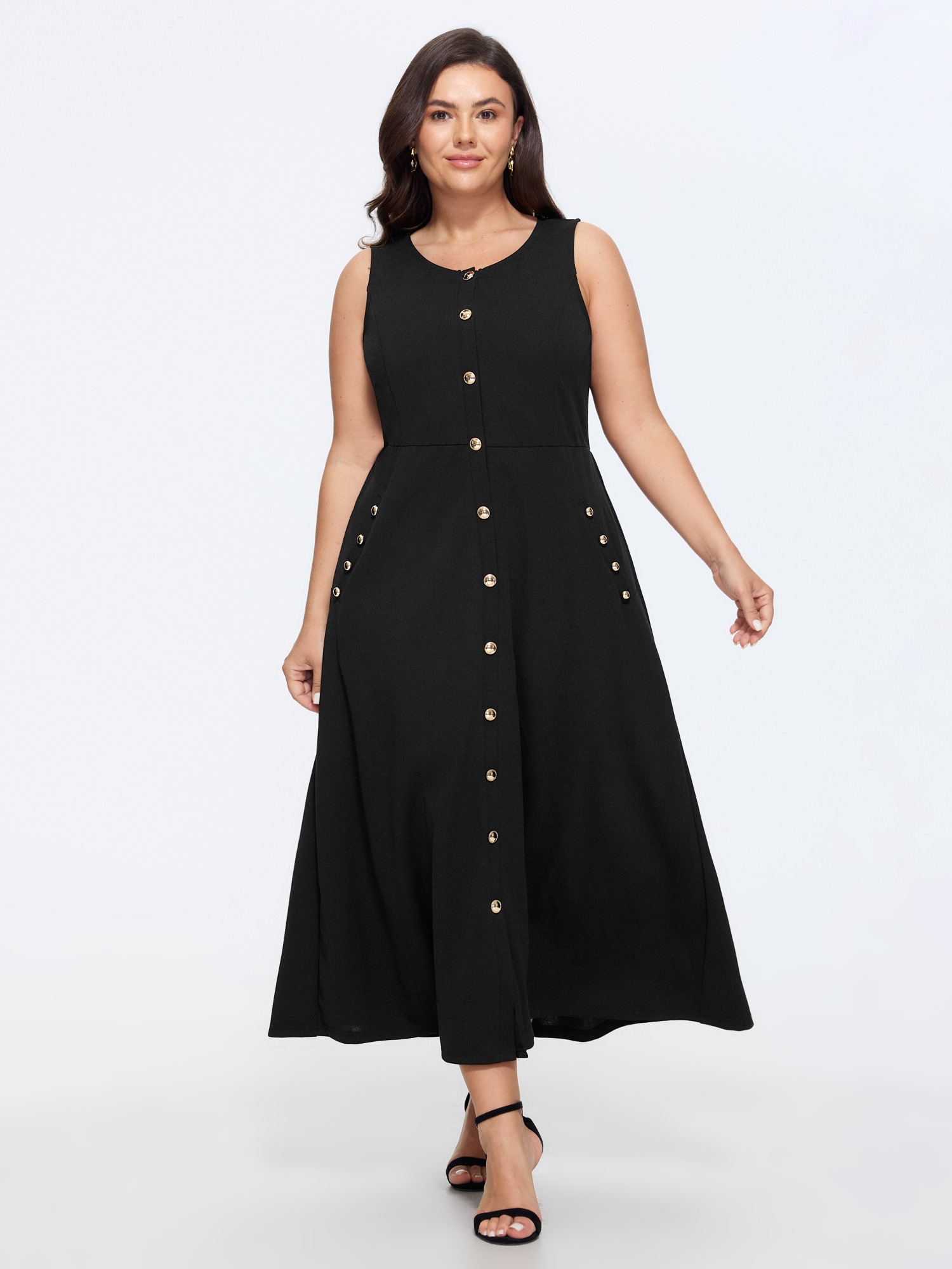 BloomChic Plus Size Stretchy Front Gold Button A Line Midi Dress - Curve Ladies Black Elegant Sleeveless Solid Side Pocket Daily Dresses 32/5X