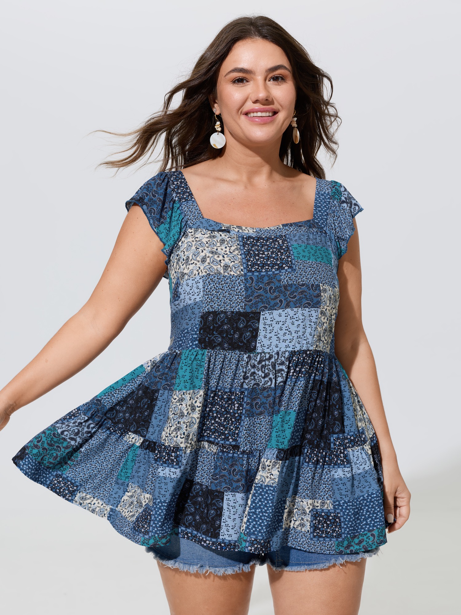 BloomChic Women's Plus Size Floral Collage Print Layered Tank Top Indigo Vacation A-line Square Neck 18-20/2X
