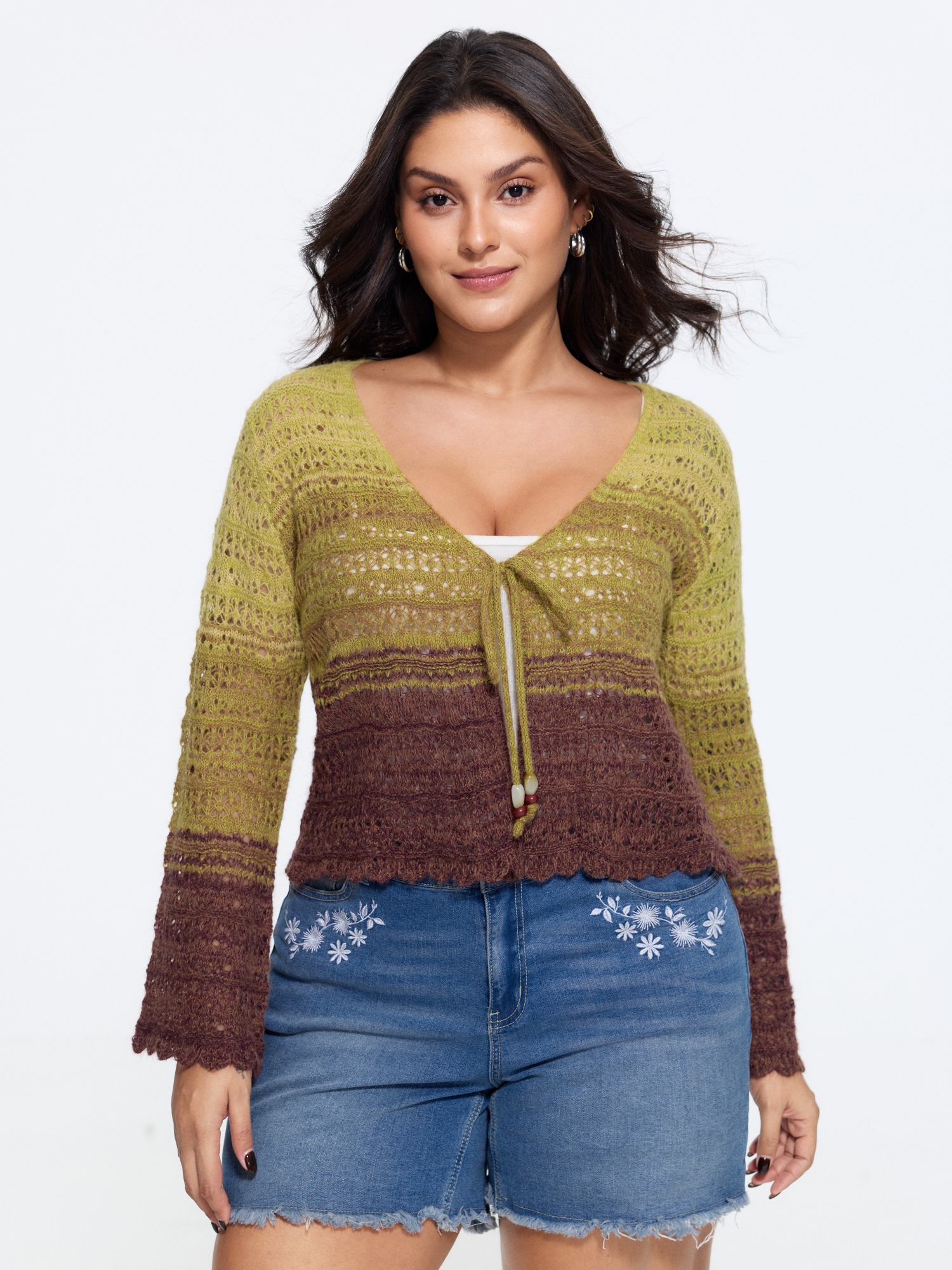 Bloomchic Ombre Tie Front Cut Out Cardigan In Olive