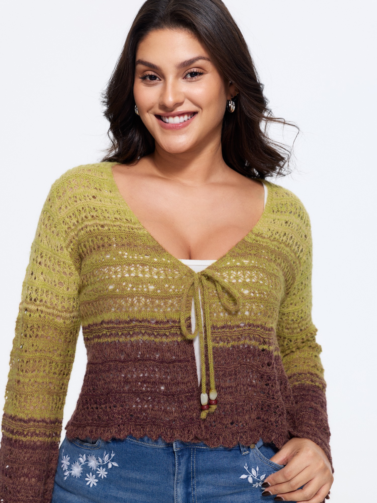 BloomChic Women's Plus Size Ombre Tie Front Cut Out Cardigan Olive Long Sleeve V-Neck 10/M
