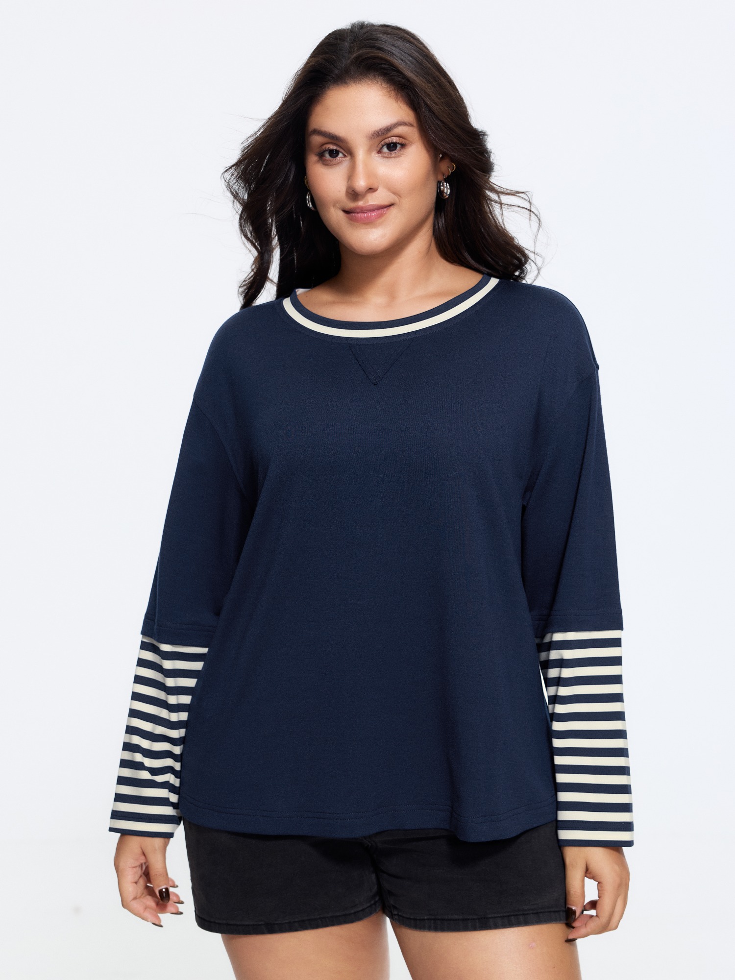 Bloomchic Crew Neck Stripe Print Patchwork Sweatshirt In Indigo