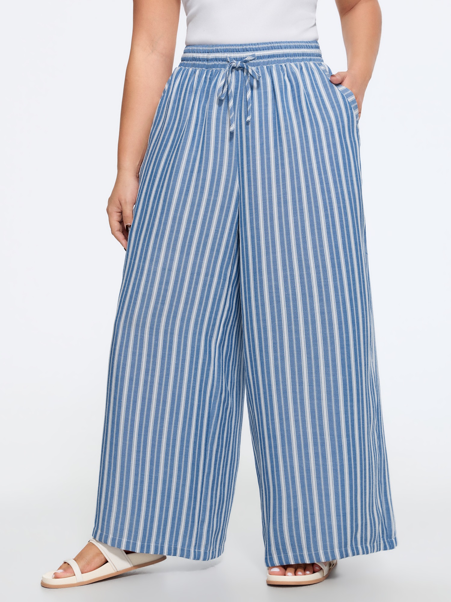 BloomChic Women's Plus Size Color Contrast Stripe Drawstring Wide Leg Pants LightBlue Stripes Wide leg Mid Rise Everyday-Casual 10/M