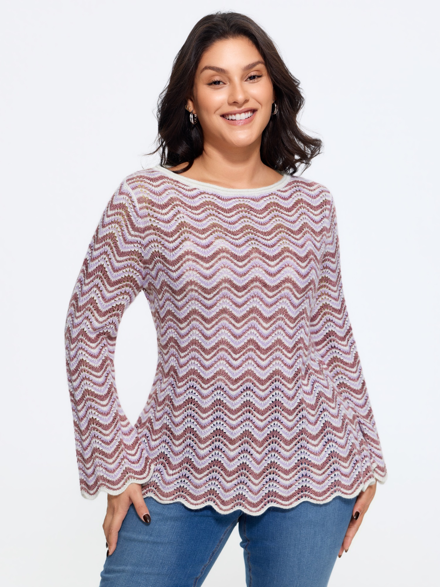 BloomChic Women's Plus Size Scallop Hem Cut Out Flare Sleeve Pullover DustyPink Long Sleeve Scoop Neck 10/M