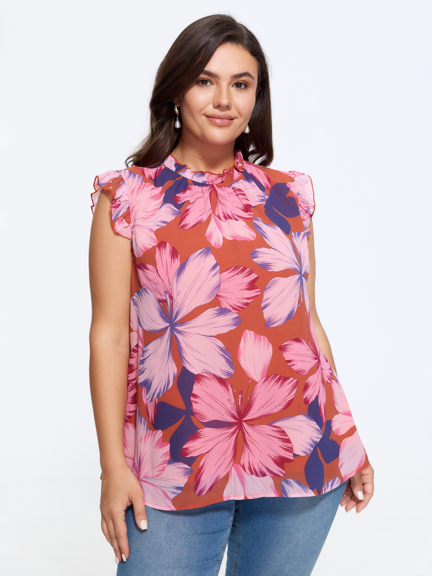 BloomChic Women's Plus Size Large Floral Print Mock Neck Flutter Sleeve Blouse Multicolor Floral Everyday-Elegant Cap Sleeve Mock Neck 10/M