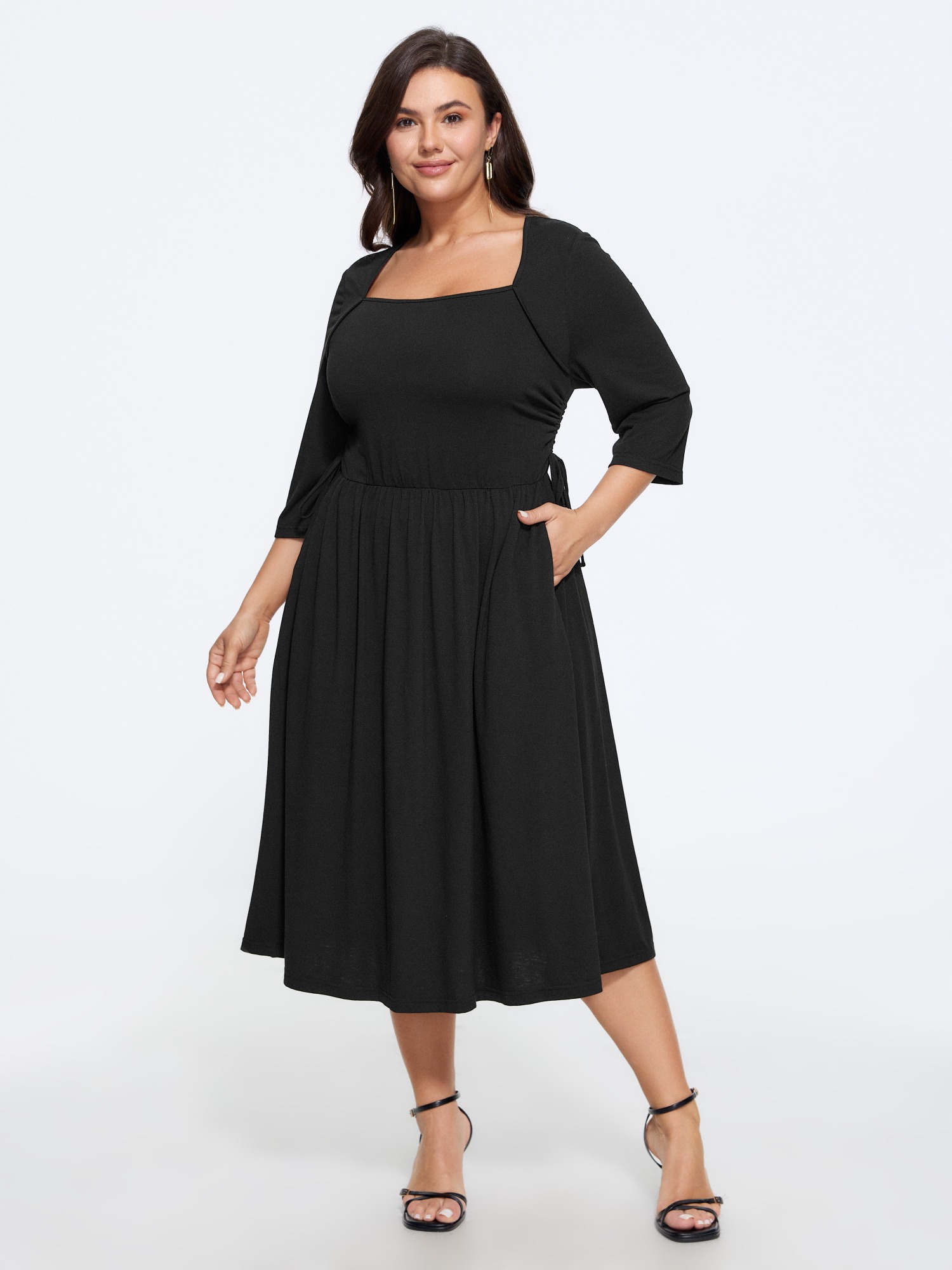 BloomChic Women's Plus Size Supersoft Square Neck Adjustable Side Tie Midi Dress Black Solid Midi Everyday-Casual Lace-Up 30/6X