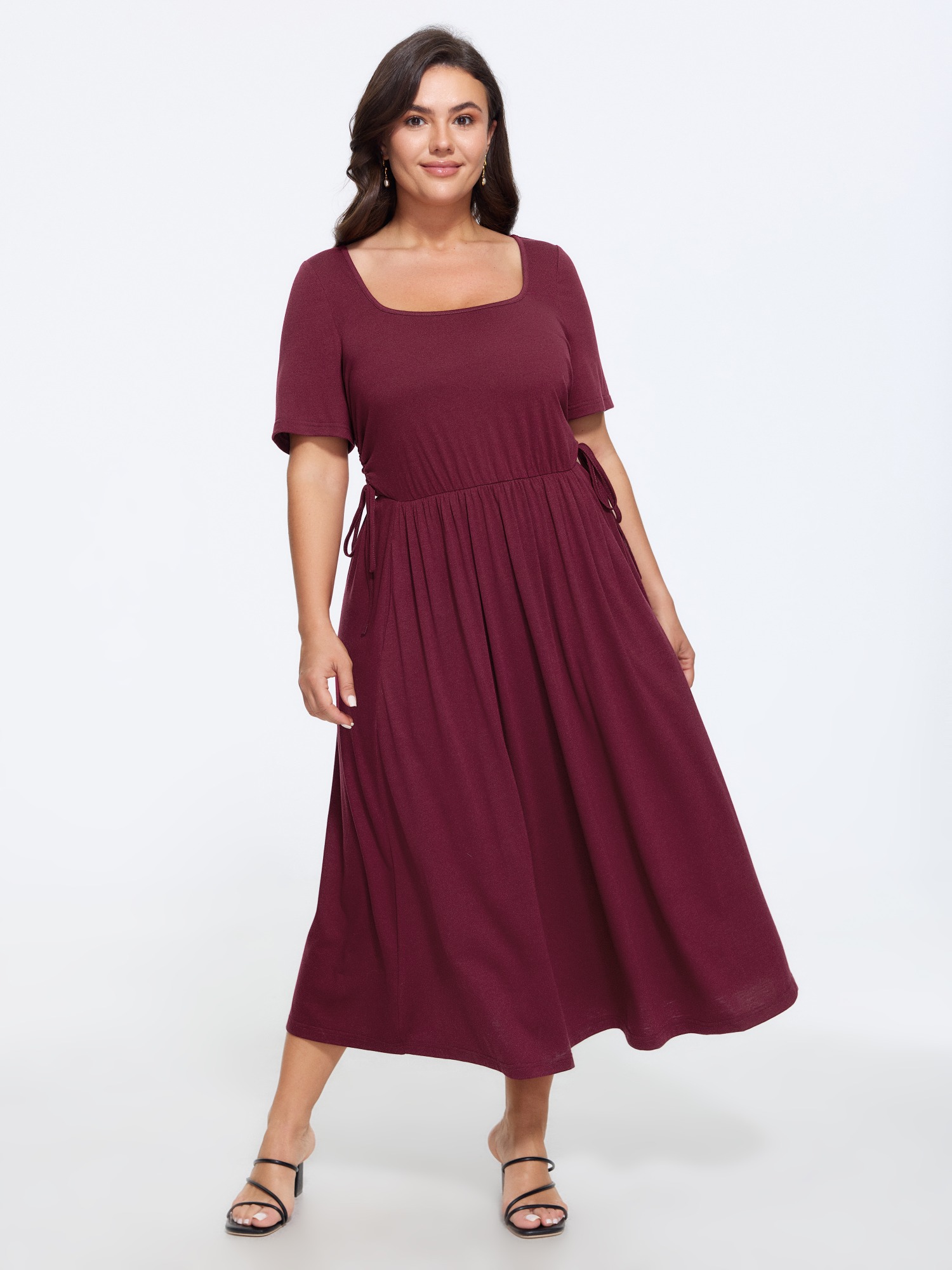 BloomChic Women's Plus Size Supersoft Square Neck Side Drawstring Midi Dress Deepred Solid Midi Everyday-Casual 10/M