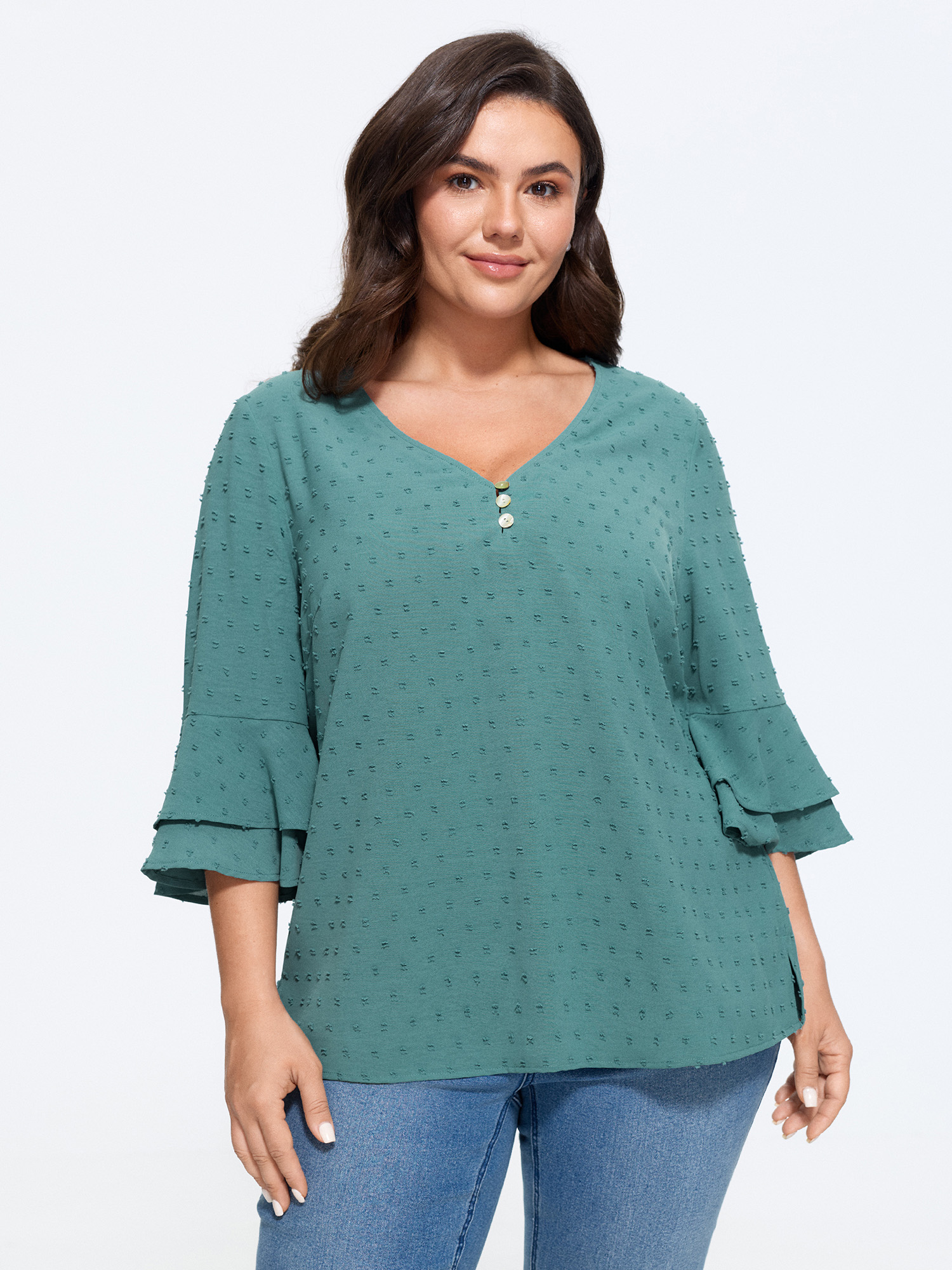 BloomChic Women's Plus Size Textured Layered Flare Sleeve Blouse Cerulean Solid Everyday-Elegant 3/4 Sleeve V-Neck 10/M