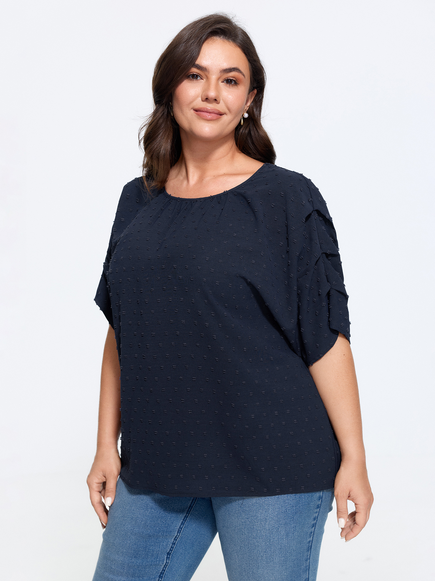 BloomChic Women's Plus Size Textured Dot Ruffle Sleeve Loose Blouse DarkBlue Solid Everyday-Elegant Short sleeve Round Neck 10/M