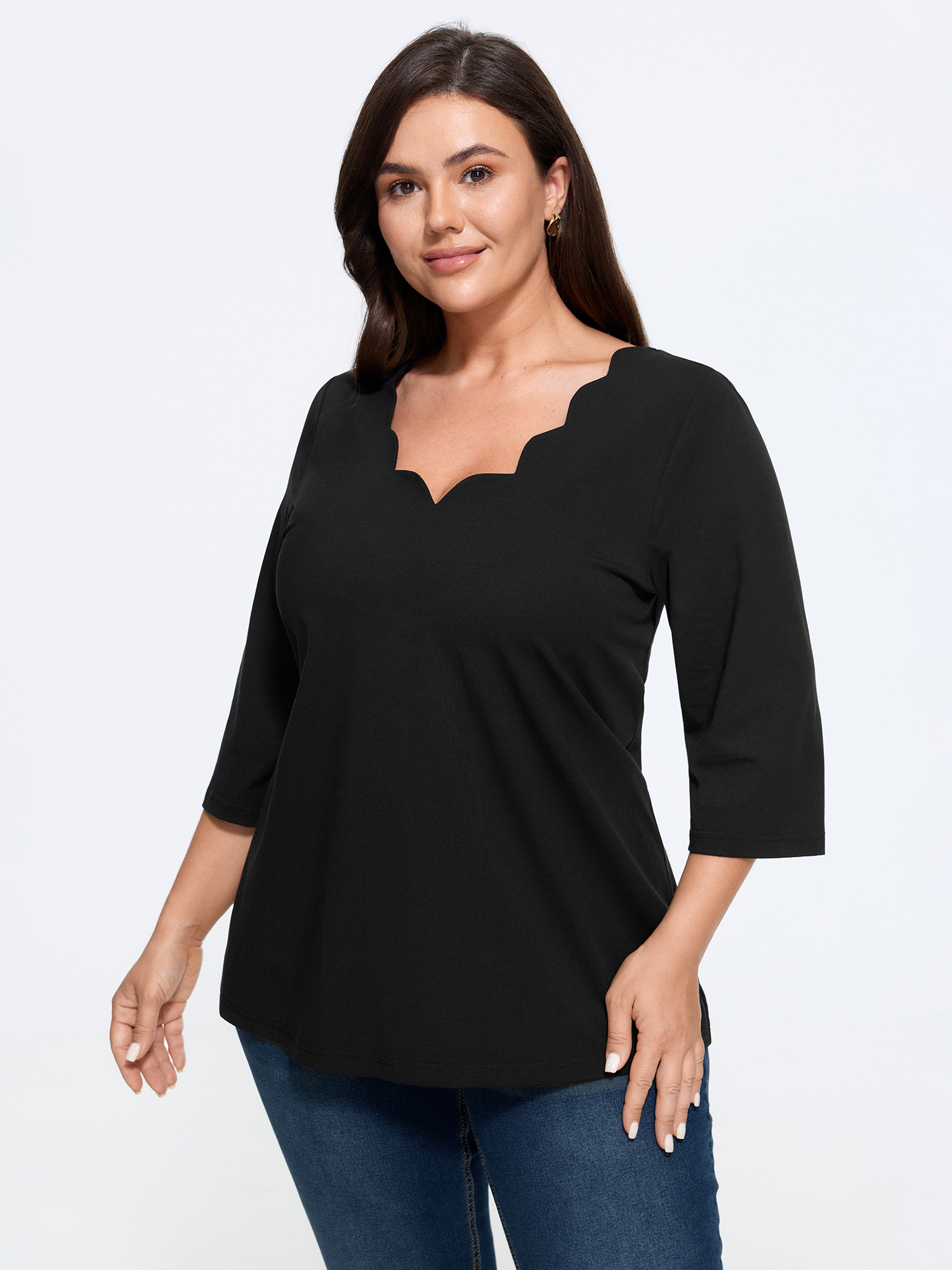 BloomChic Plus Size Cotton Wave V Neck Three Quarter Sleeve Knit T-Shirt - Women's Black Solid Round Neck Comfort Midsection Fit Long Sleeve Playful T-shirts 14/M