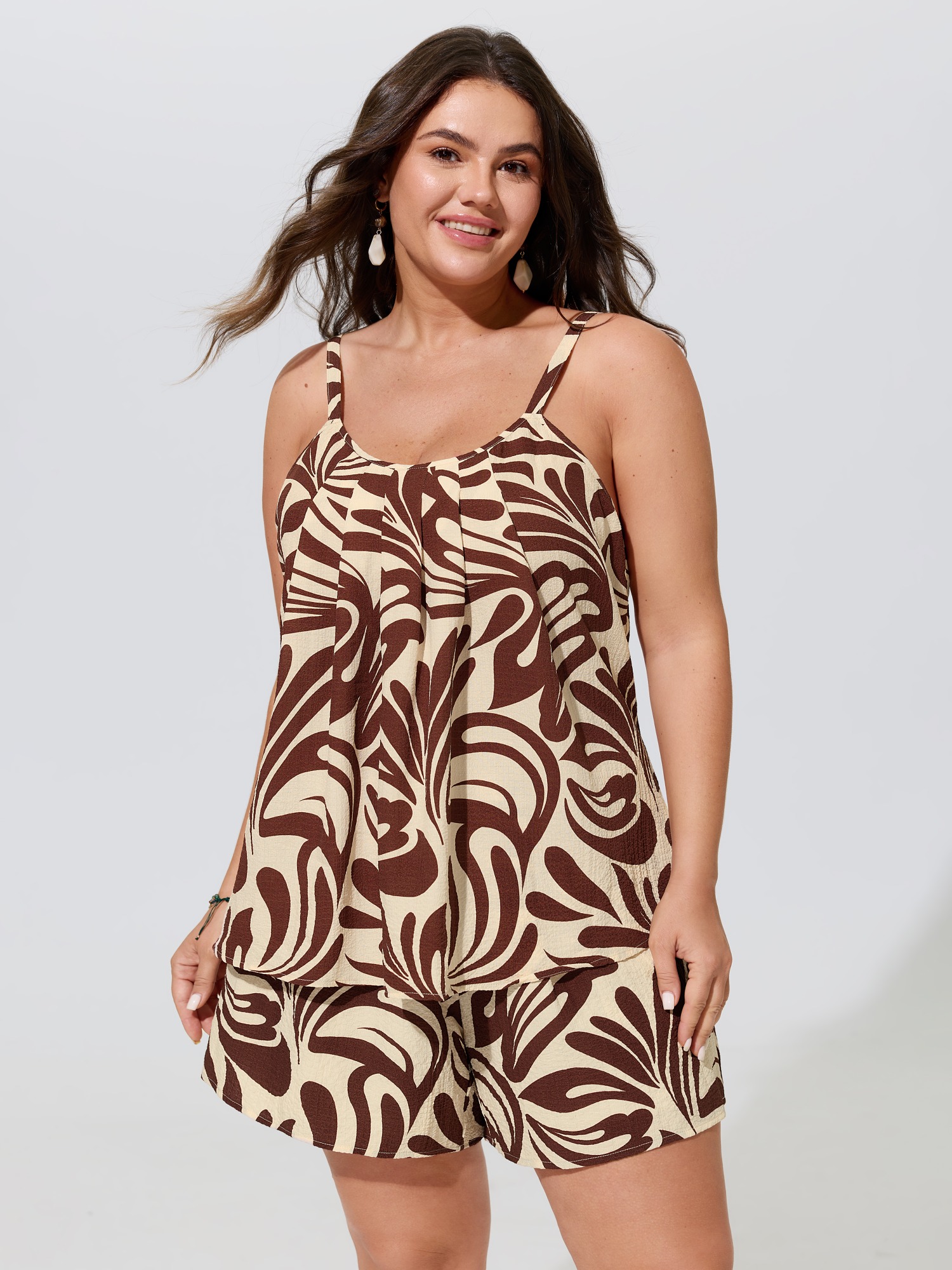 BloomChic Women's Plus Size Abstract Print Pleated Tank Top Browncoffeecolor Vacation A-line V-Neck 12/L
