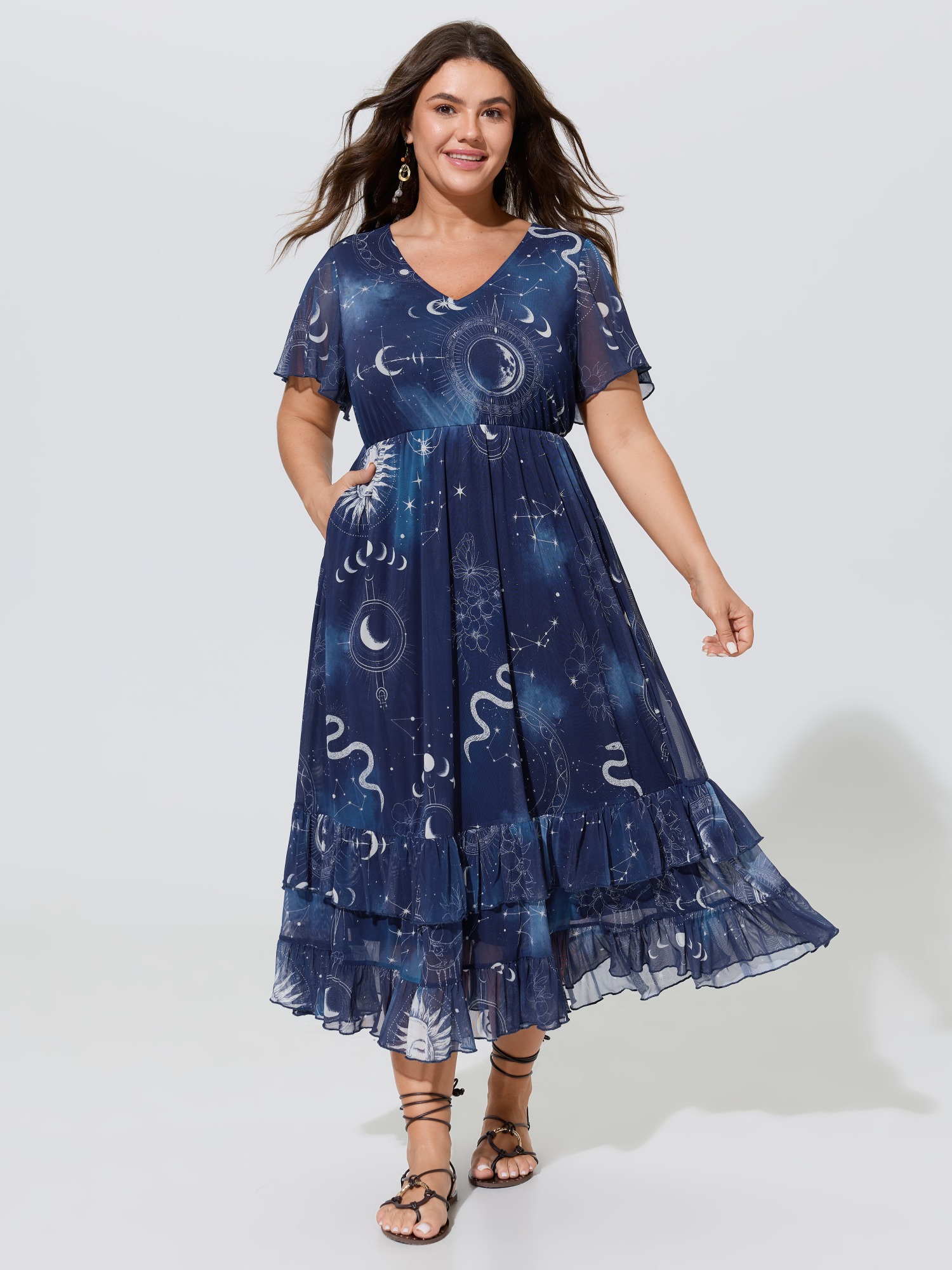 BloomChic Women's Plus Size Stretchy Star Moon Print Tiered Ruffle Hem Midi Dress DarkBlue Vacation Midi Ruffles V-Neck 10/M