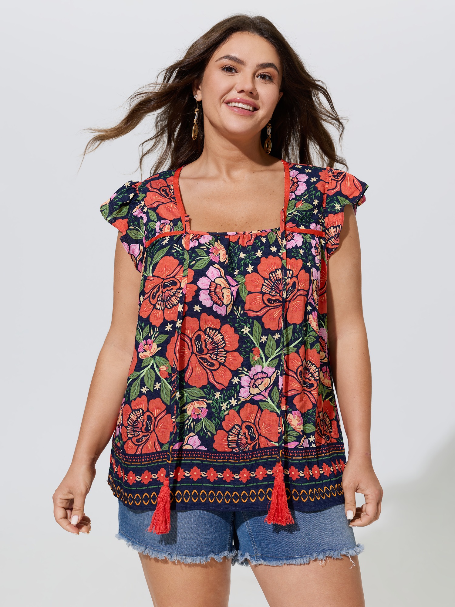 BloomChic Women's Plus Size Vibrant Floral Print Flutter Sleeve Blouse OrangeRed Floral Vacation Cap Sleeve 10/M