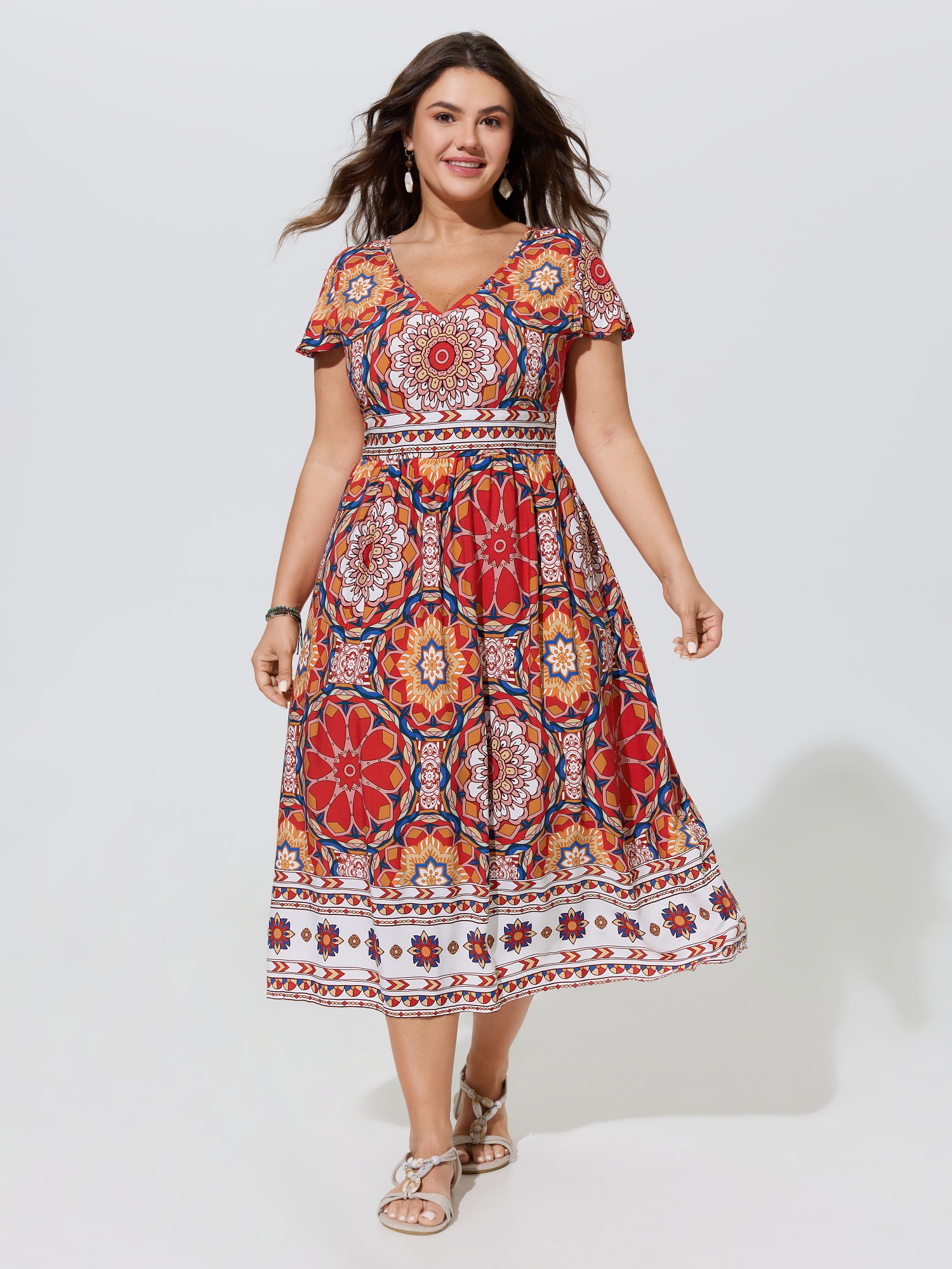 BloomChic Women's Plus Size Boho Print V-Neck Pockets Midi Dress Amber Tropical Midi Vacation Smocked 22-24/3X