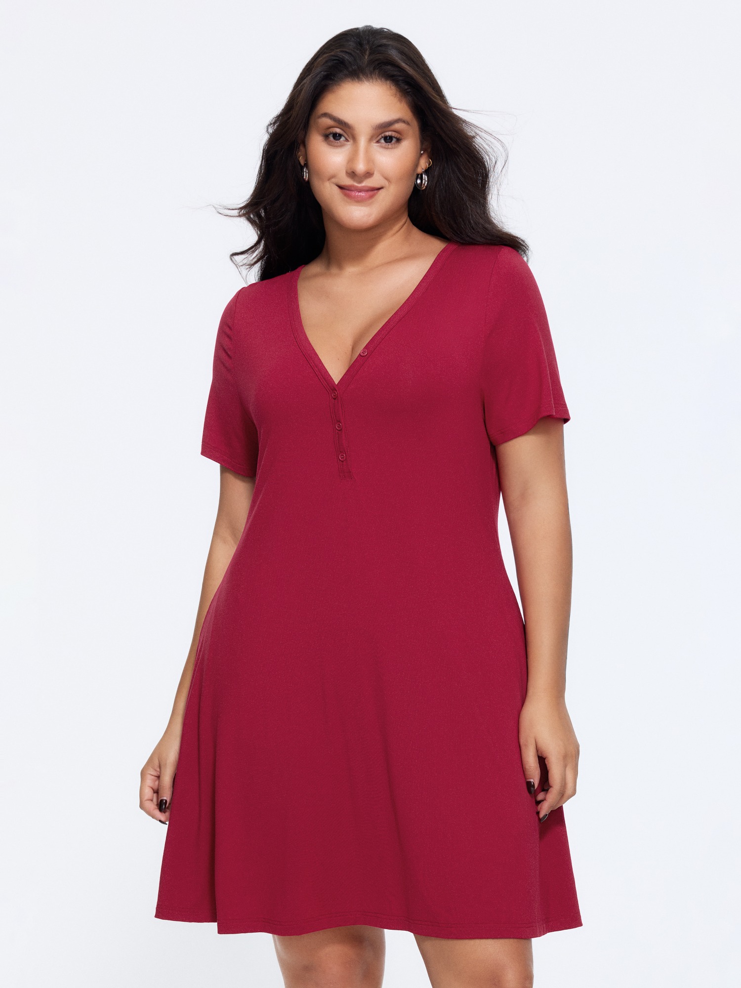 BloomChic Women's Plus Size Supersoft V Neck Button Short Sleeve Mini Dress Scarlet Everyday-Casual Mini Non Deep V-Neck 26/4X