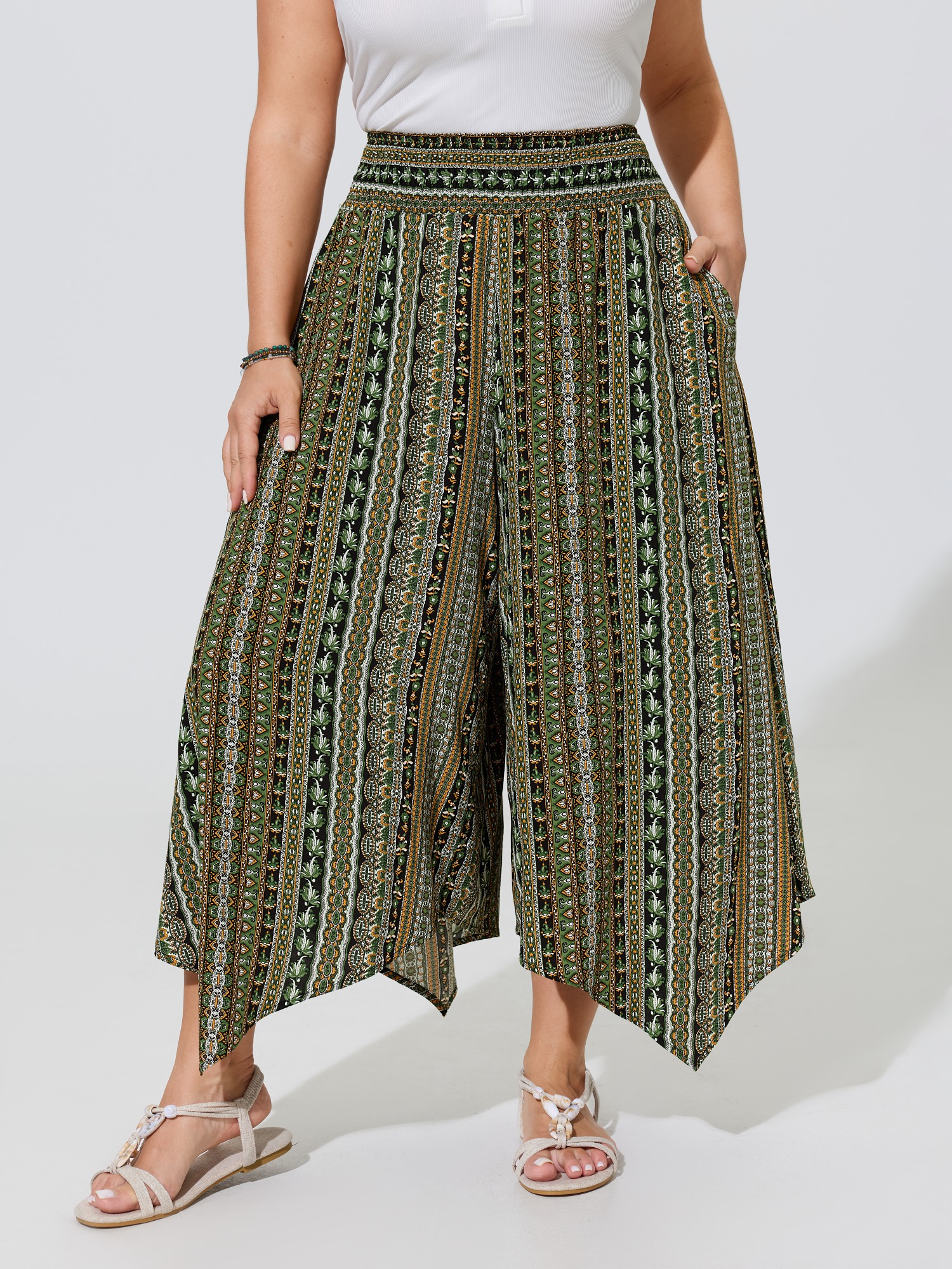 BloomChic Women's Plus Size Shirred Colorful Asymmetric Hem Pants Moss Ethnic Floral Flared High Rise 10/M