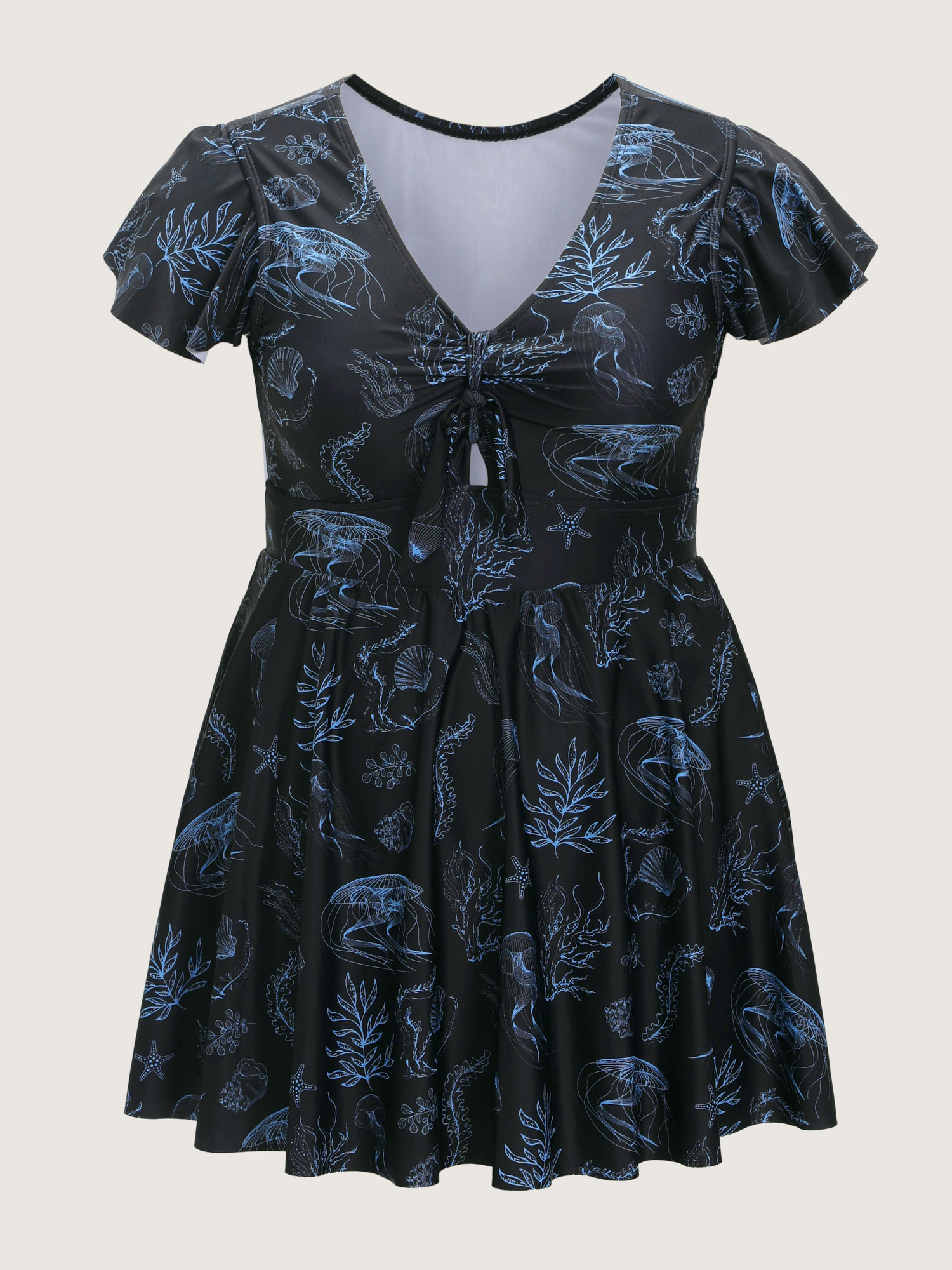 Side view of BloomChic Women's Plus Size Jellyfish Print Pockets Flowy Swim Dress Black Marine Elements Lace-Up Adjustable Straps 14-16/1X