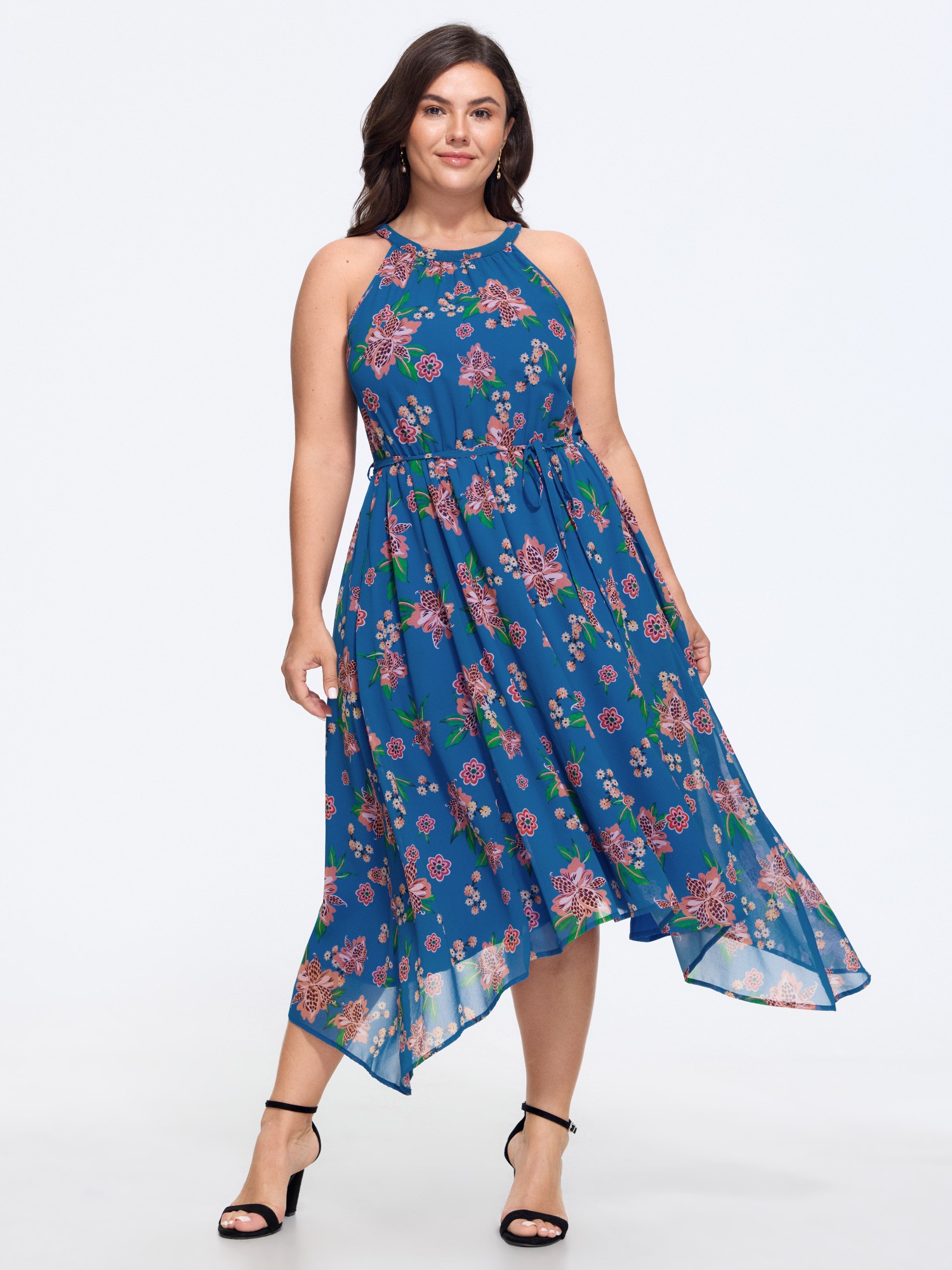 BloomChic Women's Plus Size Floral Print Halter High Low Hem Midi Dress DarkBlue Floral Midi Everyday-Elegant Lace-Up 10/M