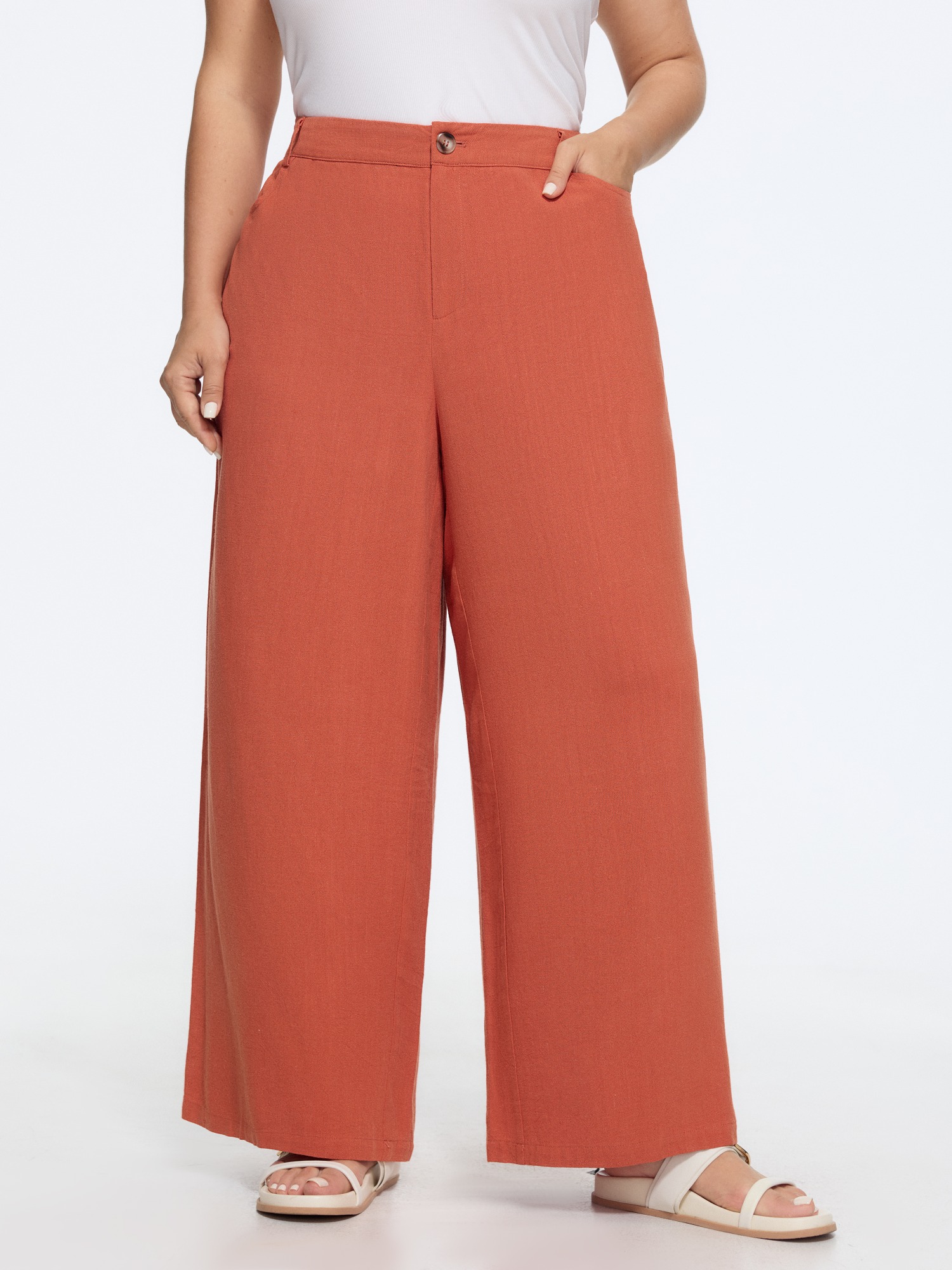 Bloomchic Linen Blend High Waist Straight-leg Pants In Rust