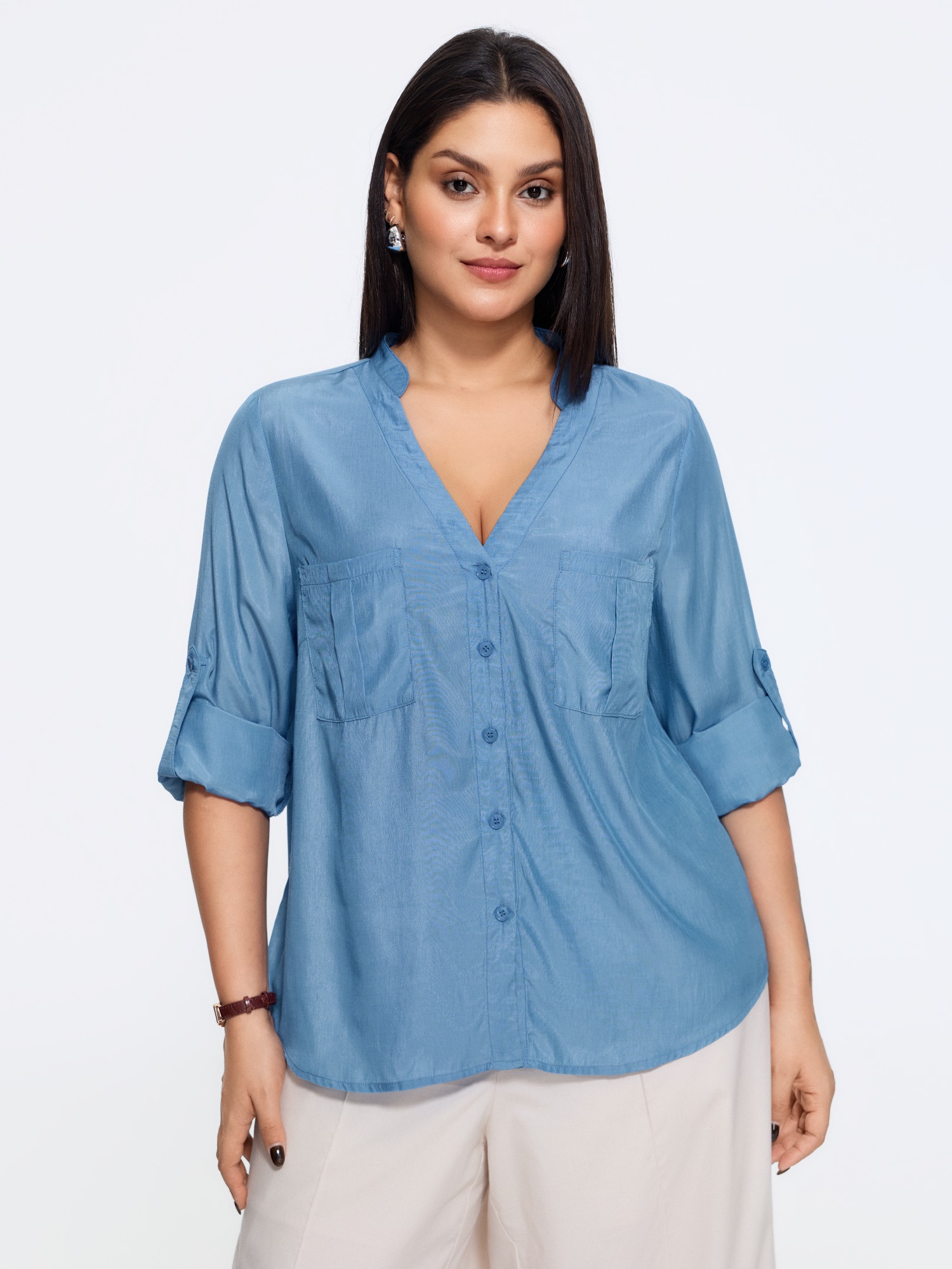 BloomChic Women's Plus Size Plain Tab Sleeve Dual Pocket Blouse LightBlue Solid Office Long Sleeve V-Neck 10/M