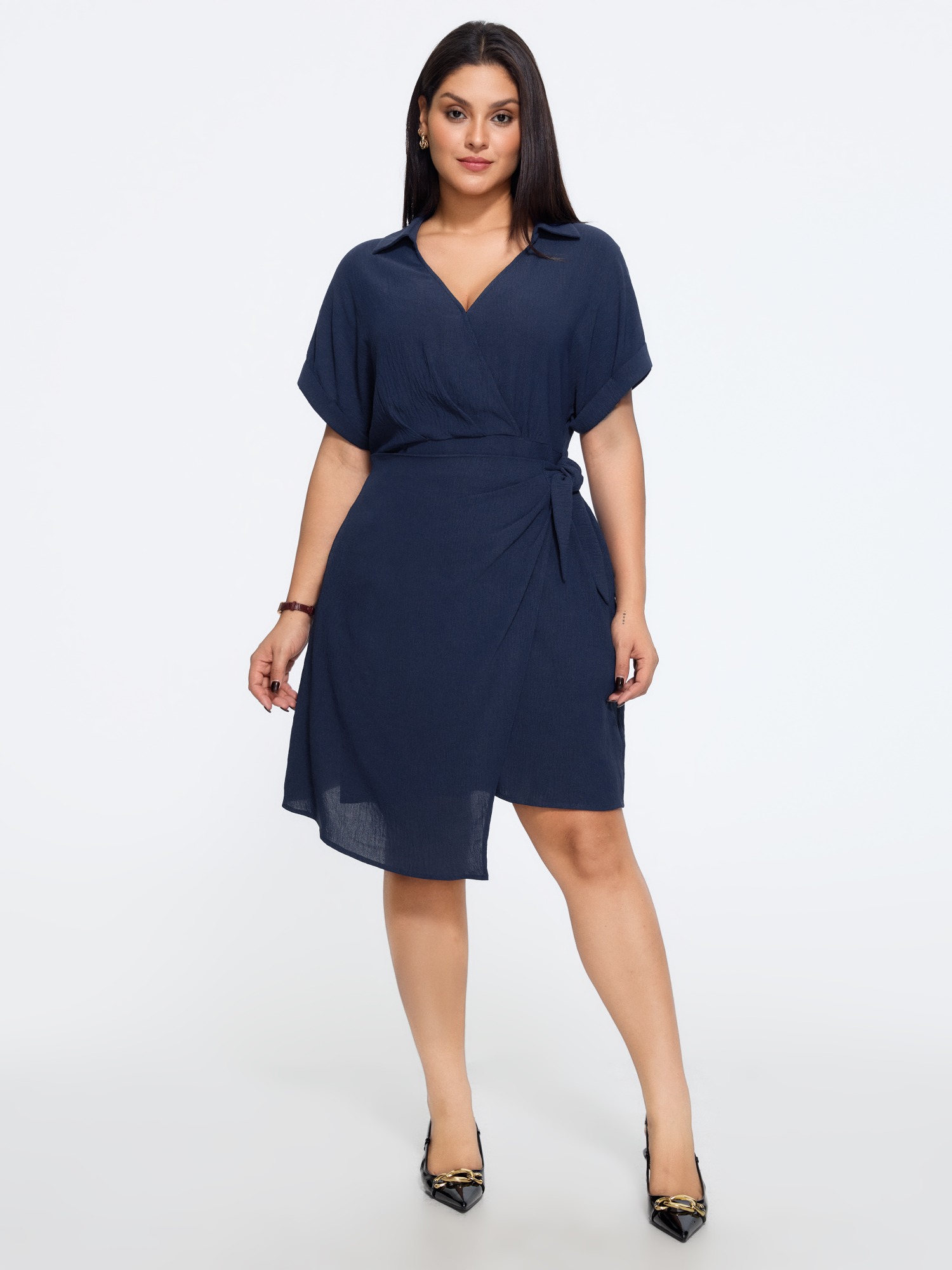 BloomChic Women's Plus Size Textured Cuffed Sleeve Wrap Tie Mini Dress Indigo Solid Knee Length Office Bowknot 22-24/3X