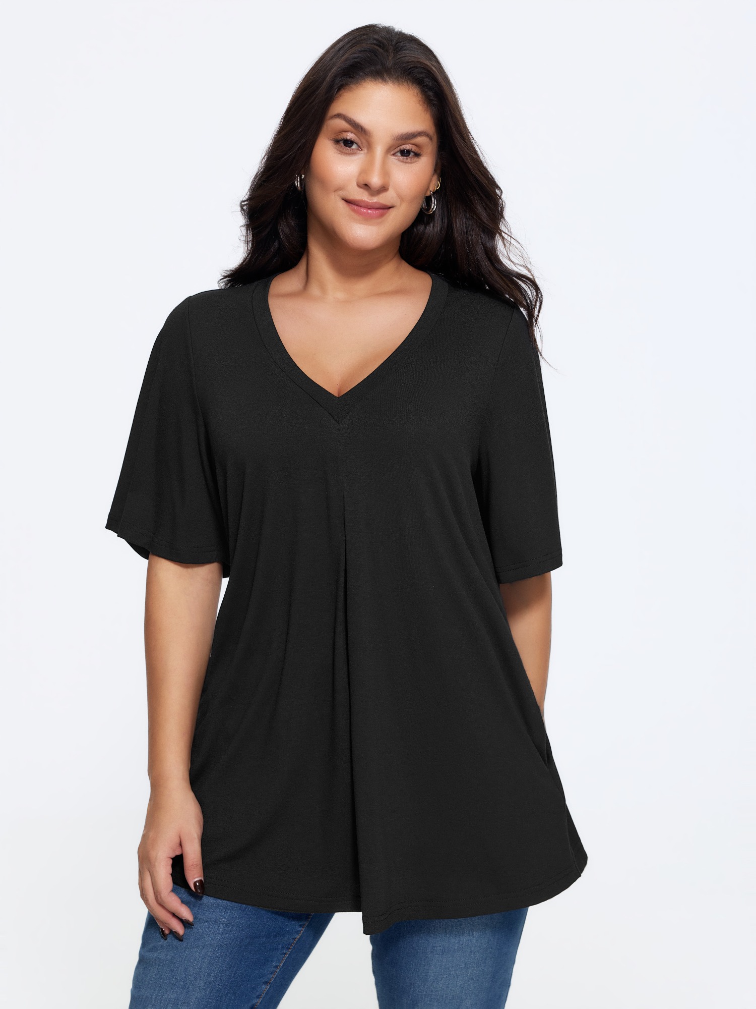 BloomChic Plus Size Supersoft Stretchy Front Pleat Loose T-Shirt - Women's Black Solid Round Neck Comfort Midsection Fit Long Sleeve Playful T-shirts 14/M
