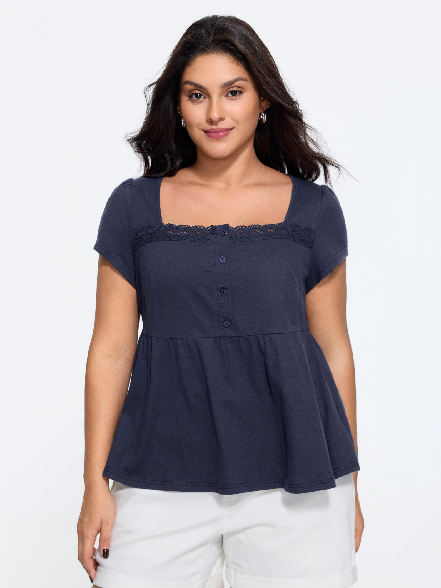 BloomChic Women's Plus Size Cotton Square Neck Lace Trim Babydoll T-Shirt Indigo Solid Everyday-Casual Short sleeve Square Neck 22-24/3X