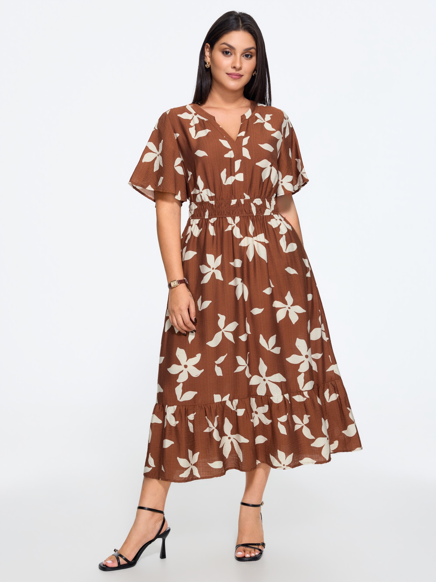 BloomChic Women's Plus Size Floral Print Shirred Waist Tiered Midi Dress Browncoffeecolor Floral Maxi Office Smocked 14-16/1X