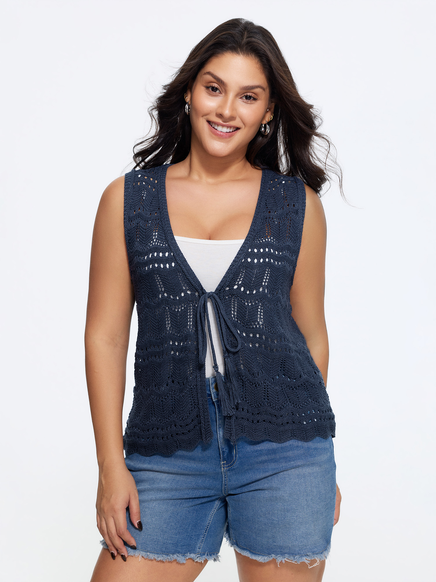 BloomChic Hollow Out Scalloped Hem Front Tie Sweater Vest Women's Plus Size Women Indigo V-Neck 10/M