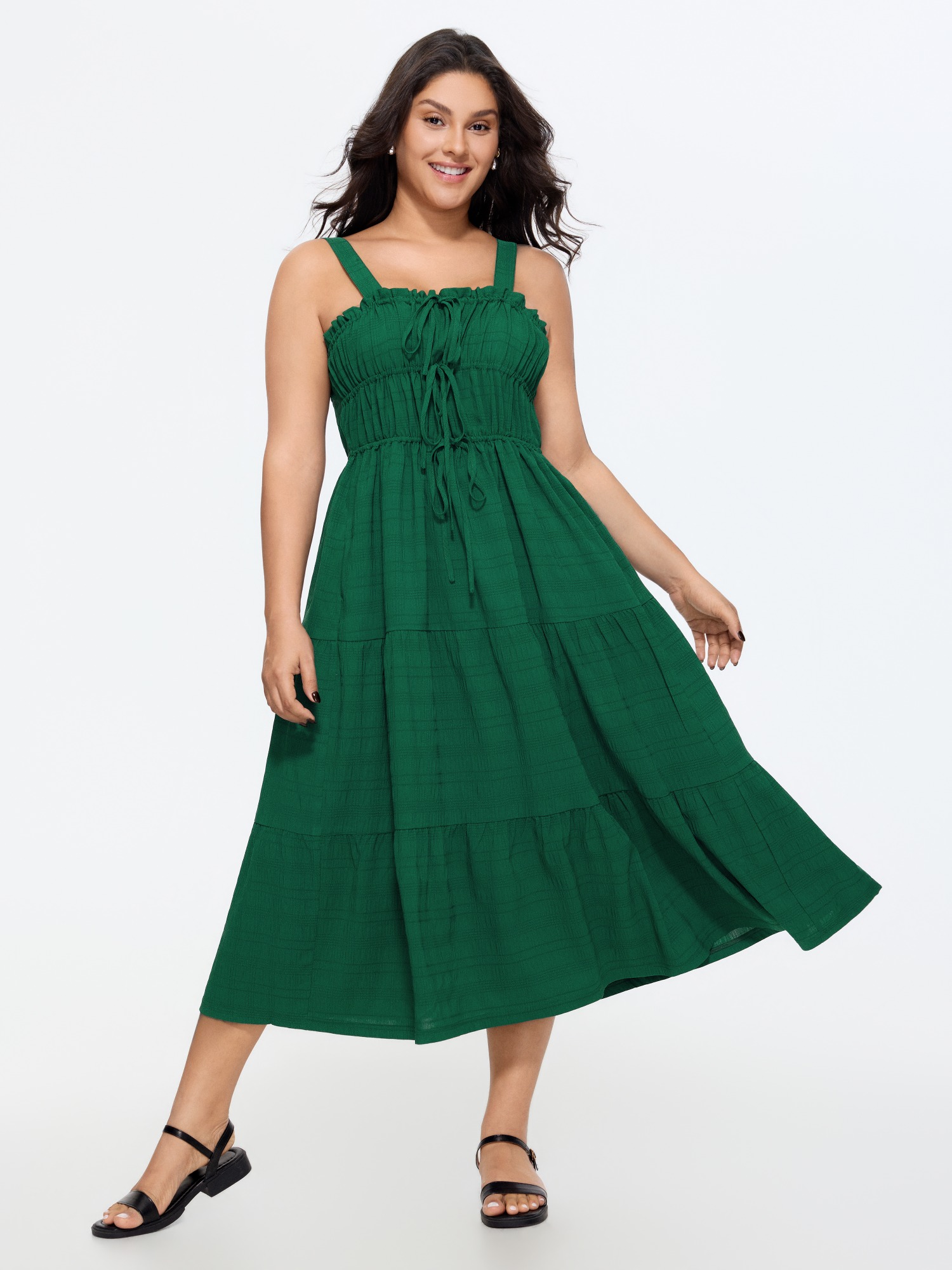 BloomChic Women's Plus Size Adjustable Drawstring Neckline Ruffled Tiered Midi Dress Emerald Solid Maxi Everyday-Casual 22-24/3X