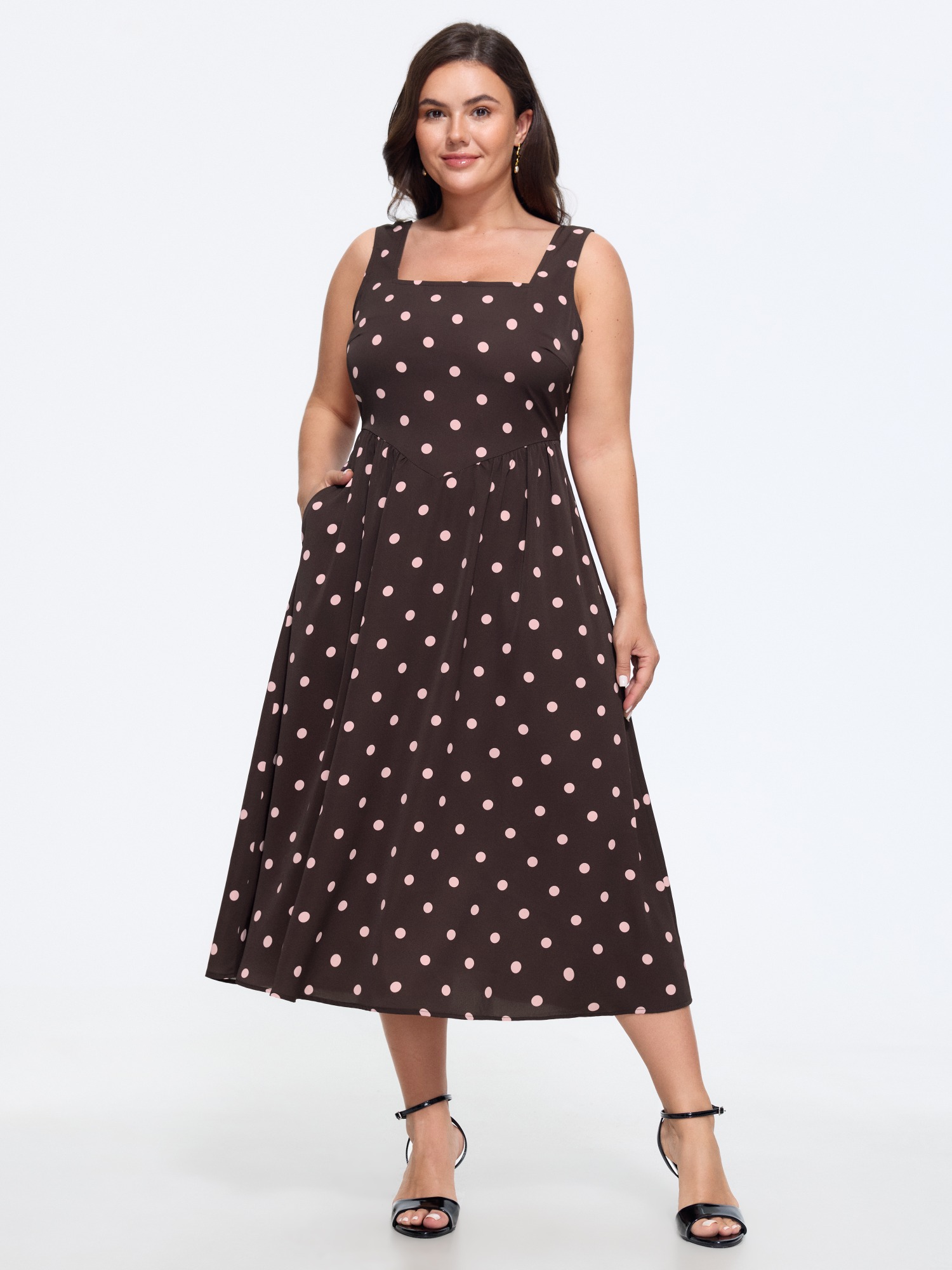 BloomChic Women's Plus Size Polka Dot Print Square Neck Sleeveless Midi Dress Browncoffeecolor Polka dots Midi Everyday-Elegant Smocked 10/M