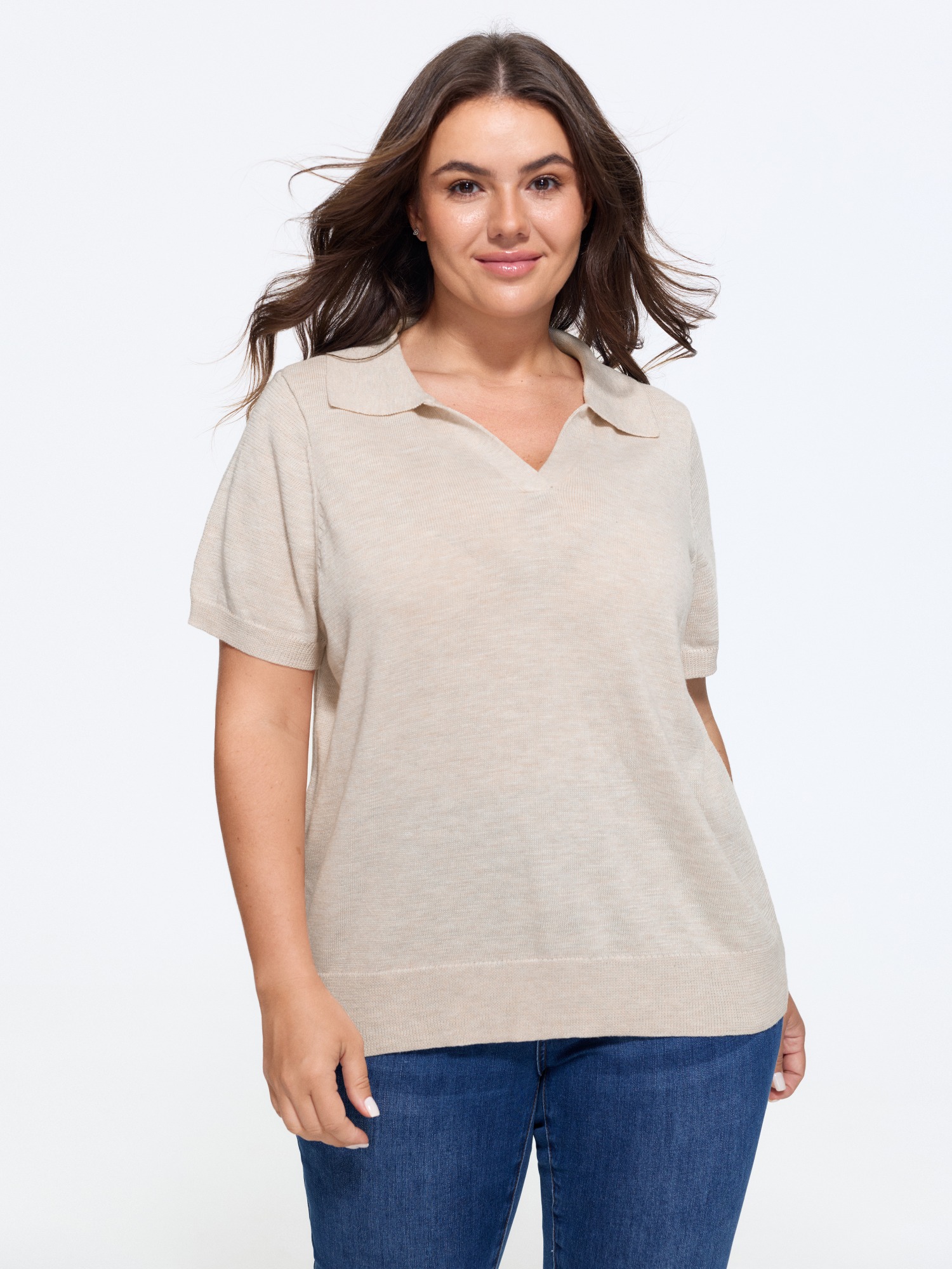 BloomChic Women's Plus Size Heather Polo Collar Short Sleeve Pullover Beige Short sleeve Polo Collar 18-20/2X