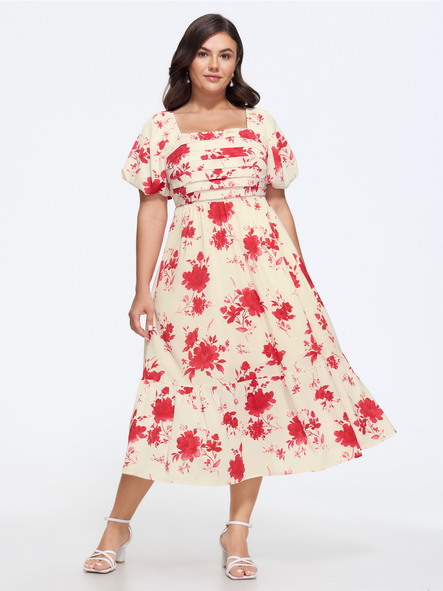BloomChic Plus Size Floral Print Puff Sleeve Ruched Tiered Midi Dress - Curve Ladies Ivory Elegant Short sleeve Floral Hidden Pocket Daily Dresses 22-24/2X