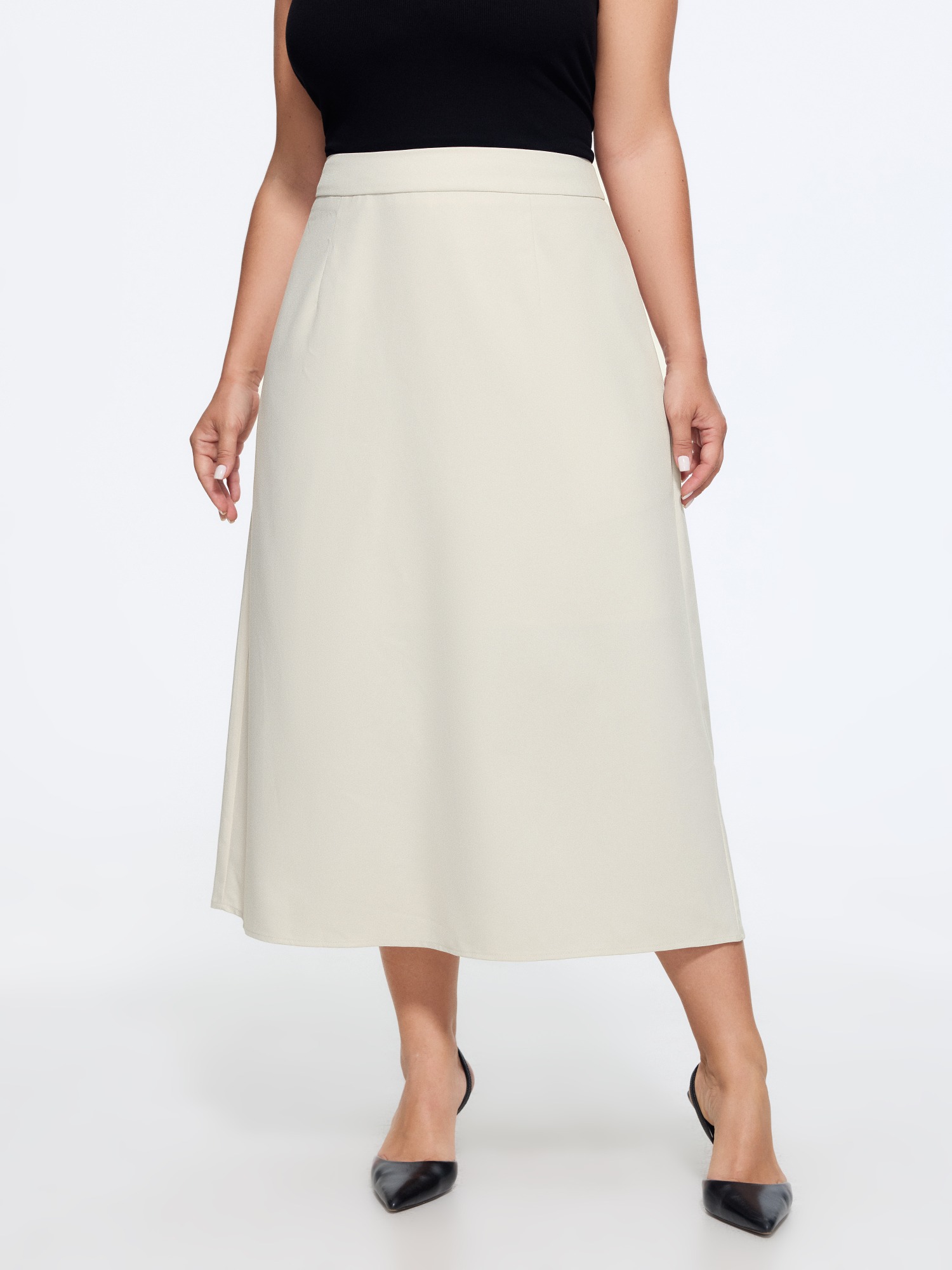 BloomChic Women's Plus Size Minimal Solid Back Split A Line Midi Skirt Denimivory Mesh Panel Straight fit Elegant 28/5X