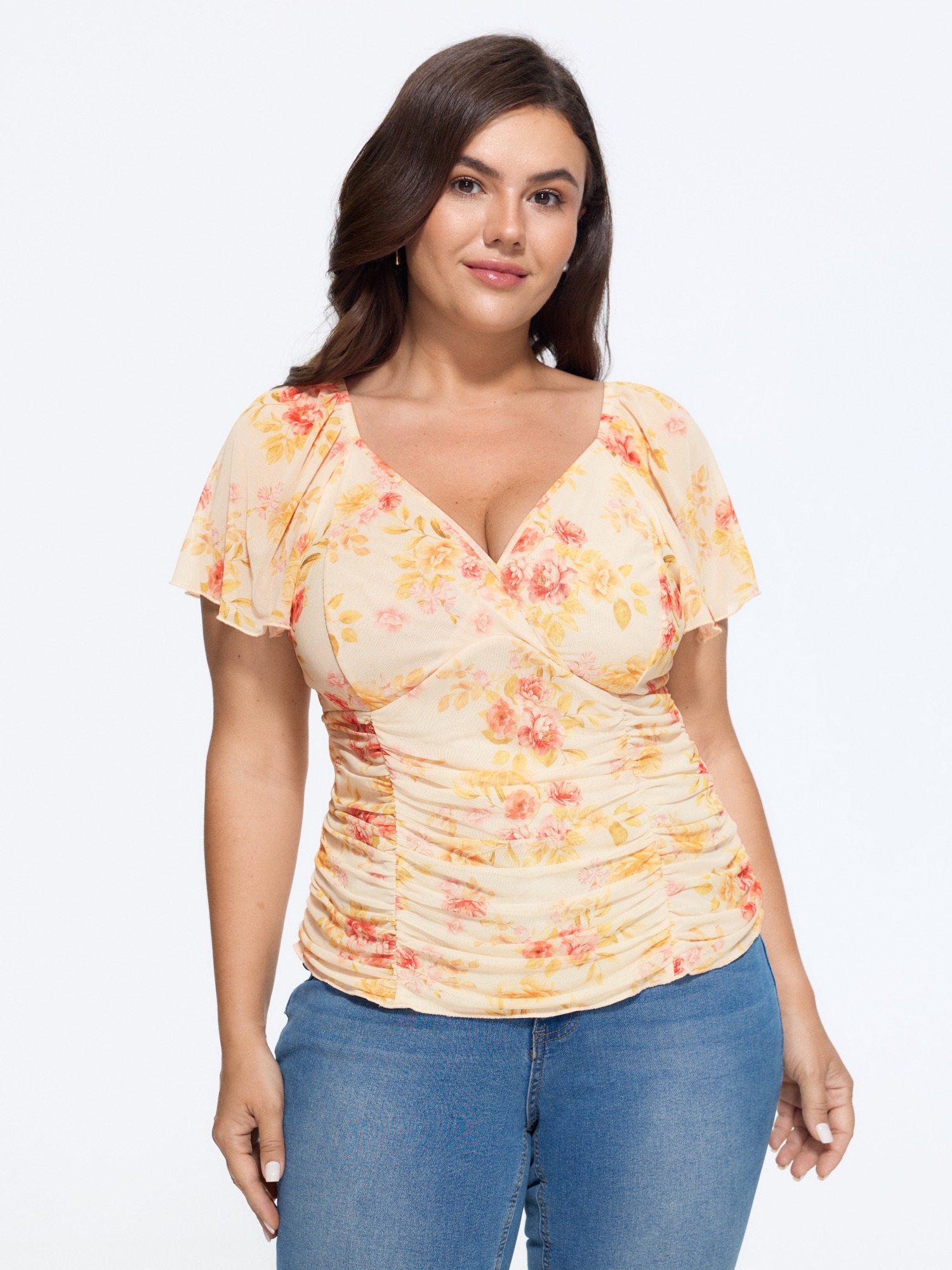BloomChic Women's Plus Size Stretchy Floral Print Ruched Waist Mesh Blouse Ivory Cap Sleeve Everyday-Elegant V-Neck 10/M