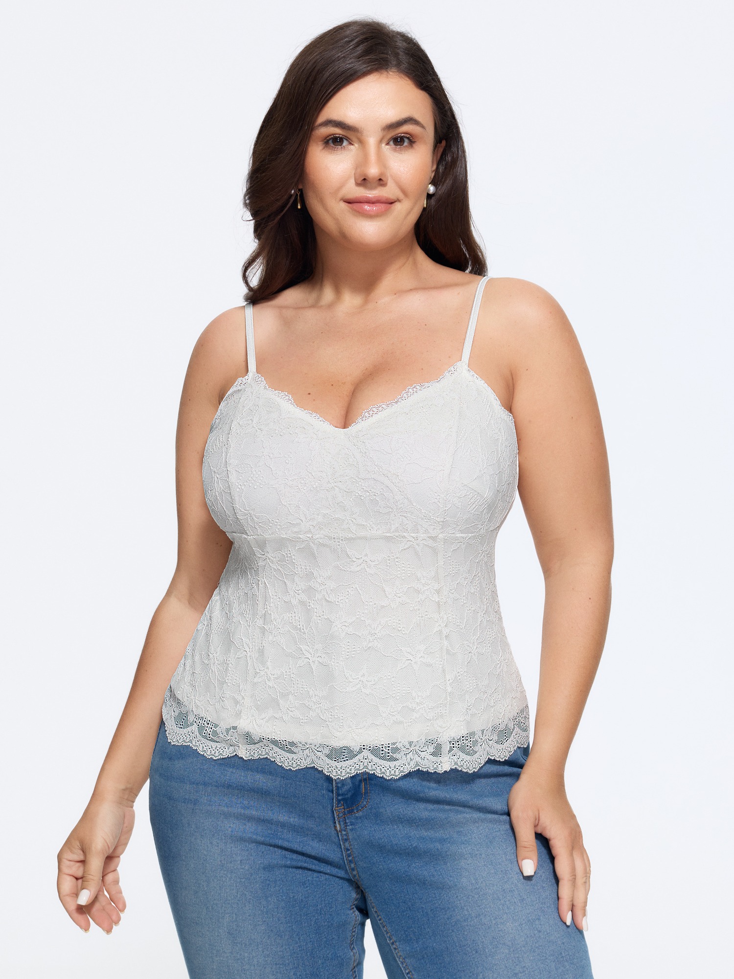 BloomChic Women's Plus Size Stretchy Lace Scalloped Adjustable Spaghetti Strap Tank Top WhiteSmoke Everyday-Elegant Fitted Sheath V-Neck 10/M