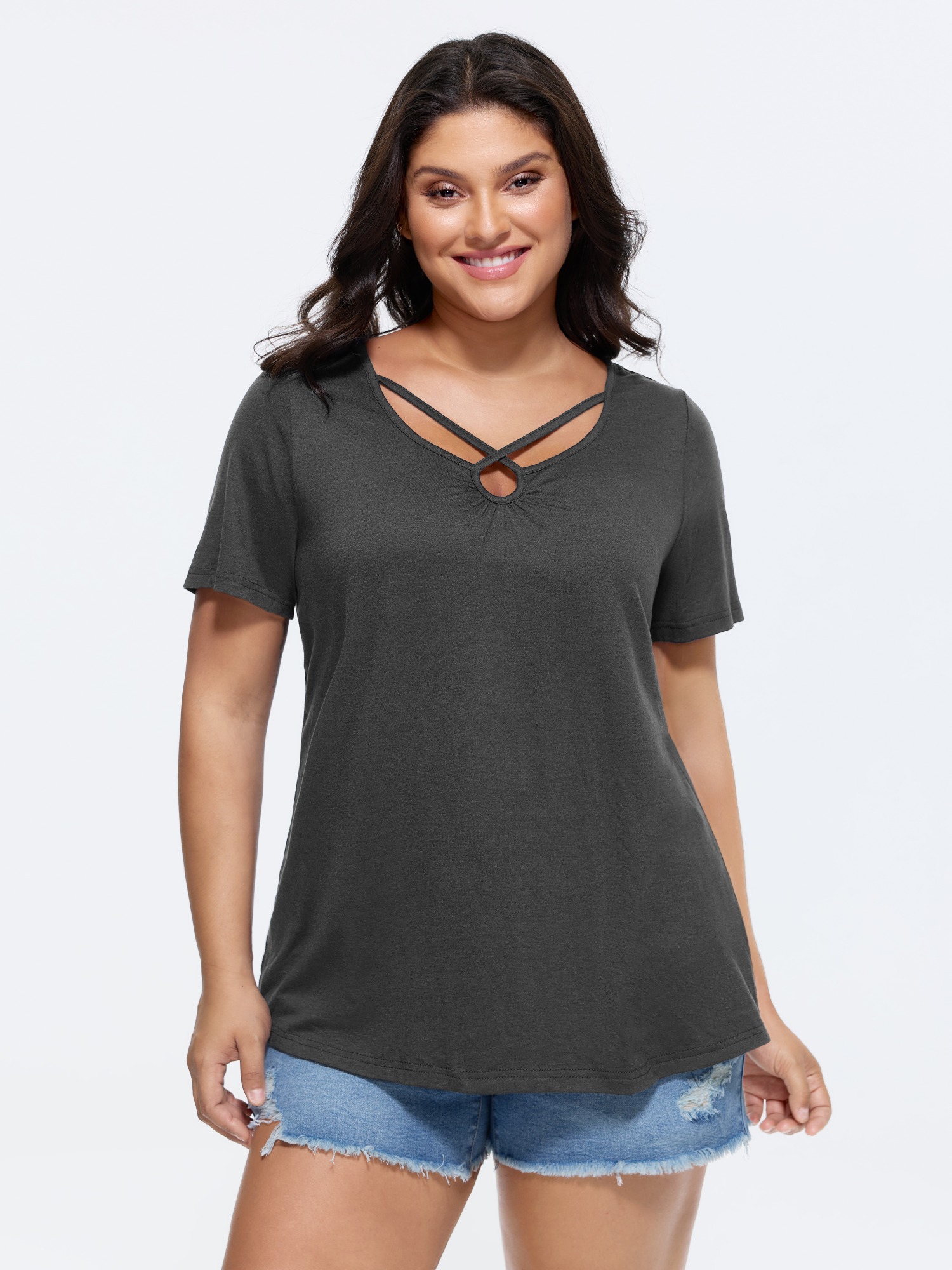 BloomChic Women's Plus Size Supersoft Cut-Out Neckline Plain T-Shirt DimGray Solid Everyday-Casual Short sleeve Keyhole Neck 18-20/2X