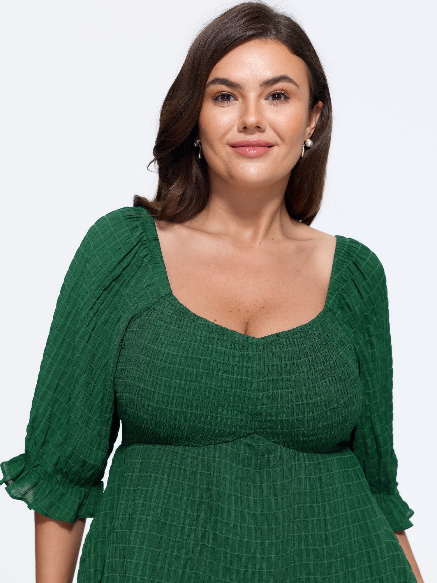 BloomChic Women's Plus Size Textured Square Neck Shirred Peplum Blouse DarkGreen Solid Everyday-Elegant 3/4 Sleeve Sweetheart Neck 10/M