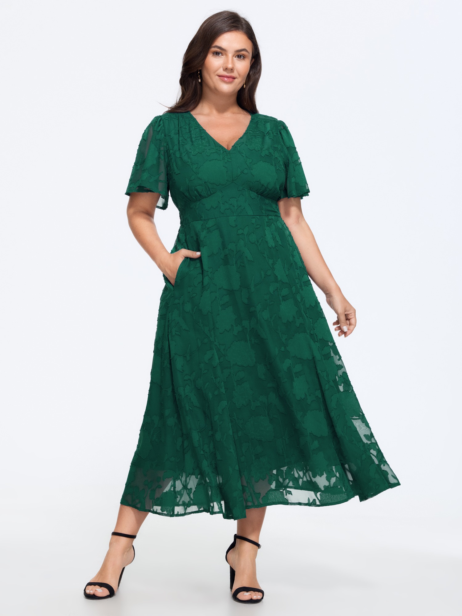 BloomChic Plus Size Textured V Neck Shirred Waist Pocket Midi Dress - Curve Ladies Emerald Elegant Short sleeve Solid Side Pocket Daily Dresses 14/M