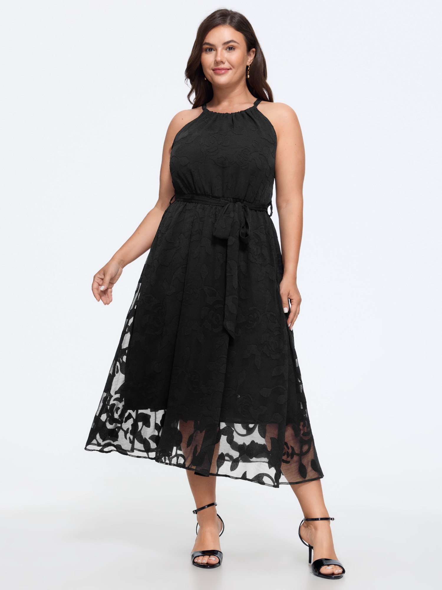 BloomChic Women's Plus Size Halter Neck Laser Cut Self Tie Waist Midi Dress Black Abstract Midi Everyday-Elegant Lace-Up 10/M