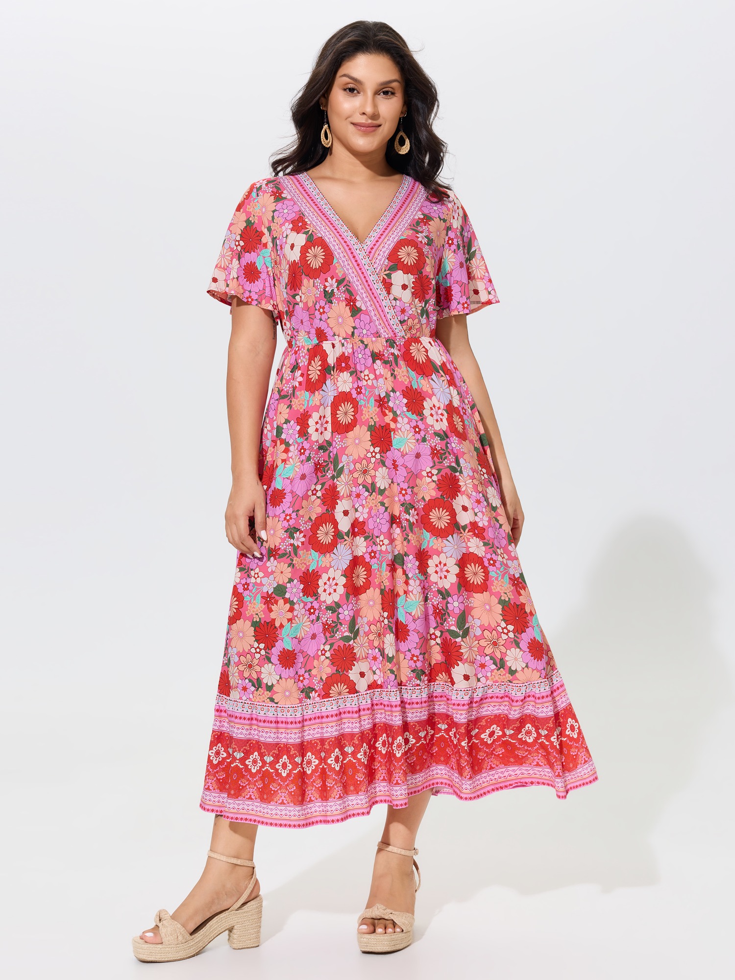 BloomChic Women's Plus Size Supersoft Colorful Floral Print Ruffle Sleeve Maxi Dress Blush Floral Maxi Vacation Wrap / Overlap 18-20/2X