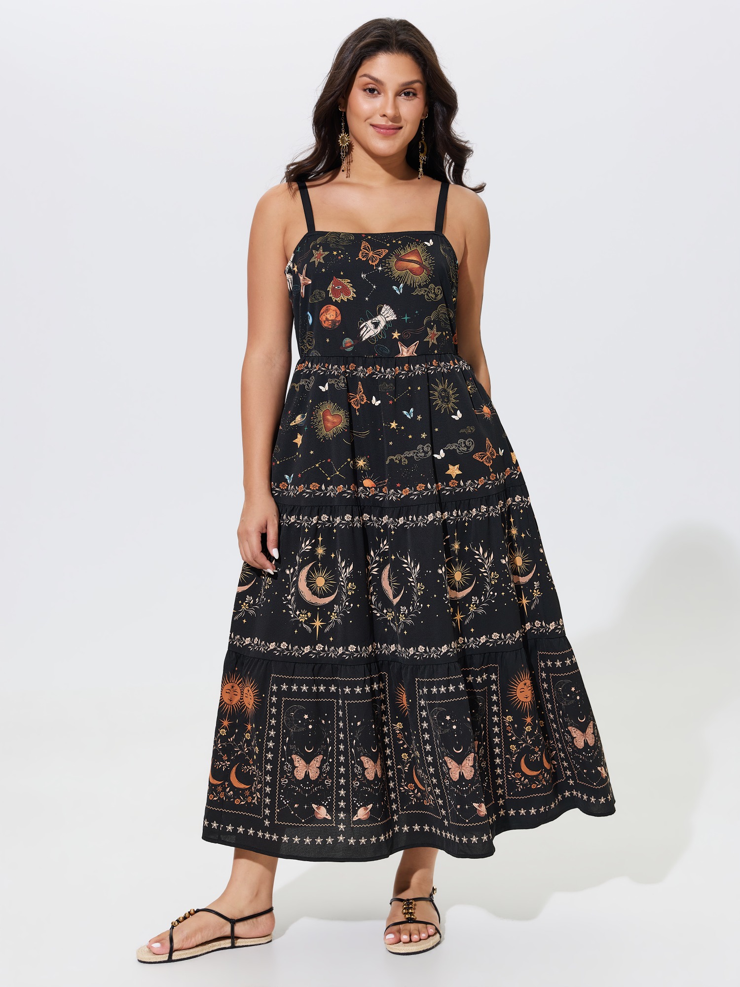 BloomChic Women's Plus Size Celestial Print Shirred Tiered Maxi Dress BlackFlower Star & Moon Longline Vacation Smocked 26/4X