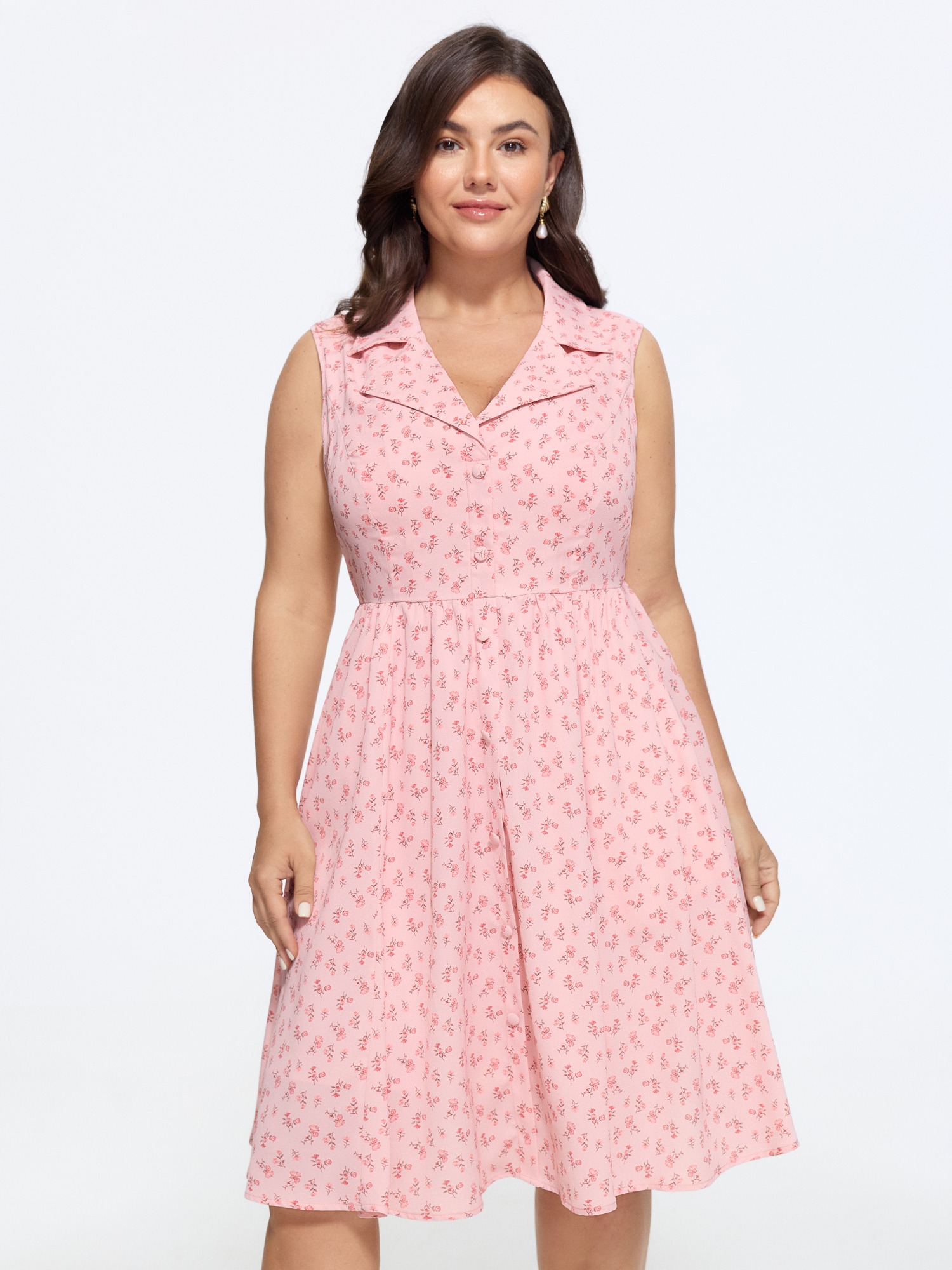 BloomChic Women's Plus Size Ditsy Floral Print Button Down Sleeveless Midi Dress Lightpink Ditsy Floral Midi Everyday-Elegant Button Front 10/M