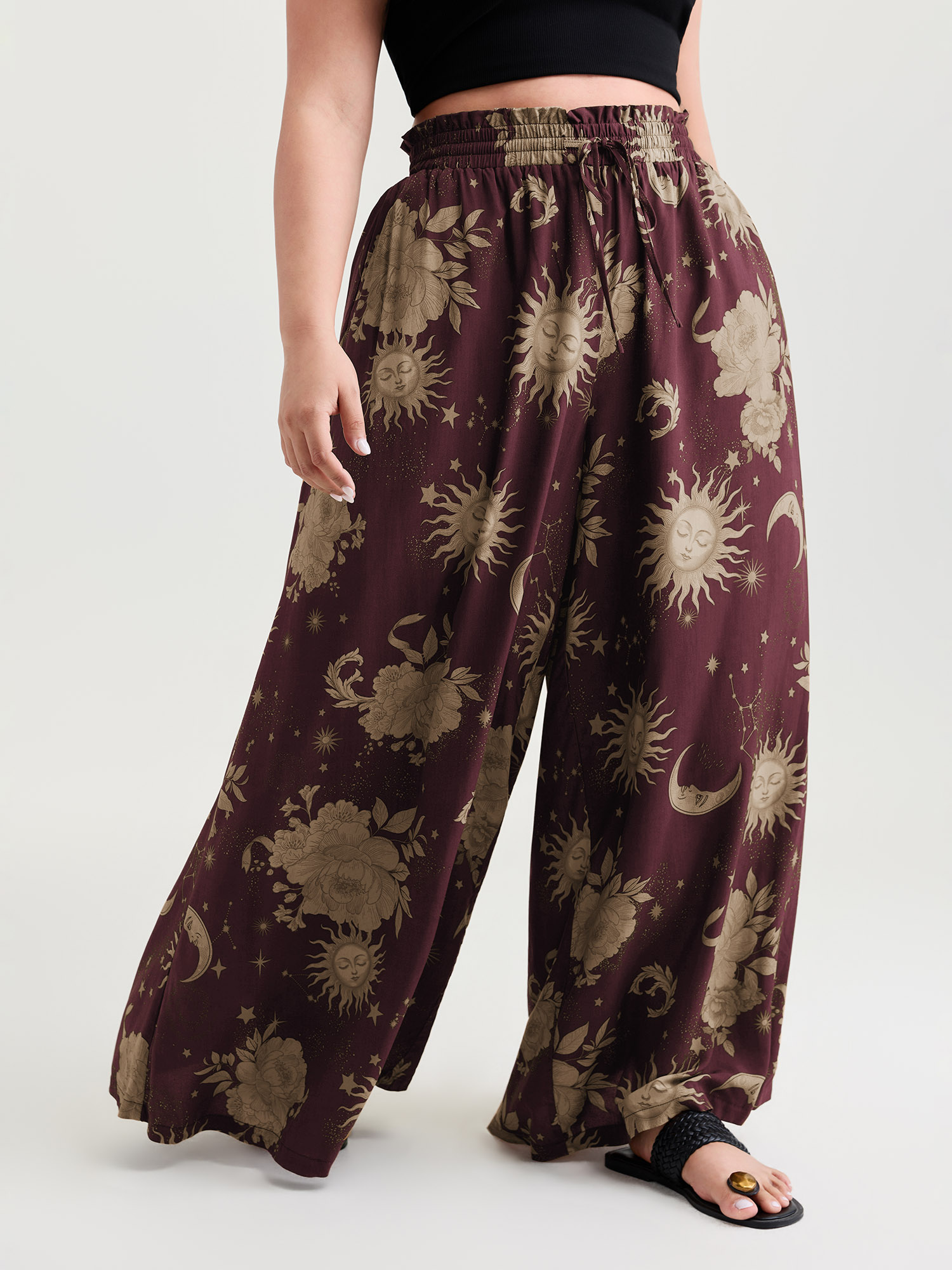 BloomChic Women's Plus Size Star Moon Print Wide Waistband Pants Scarlet Star & Moon Wide leg High Rise 28/5X