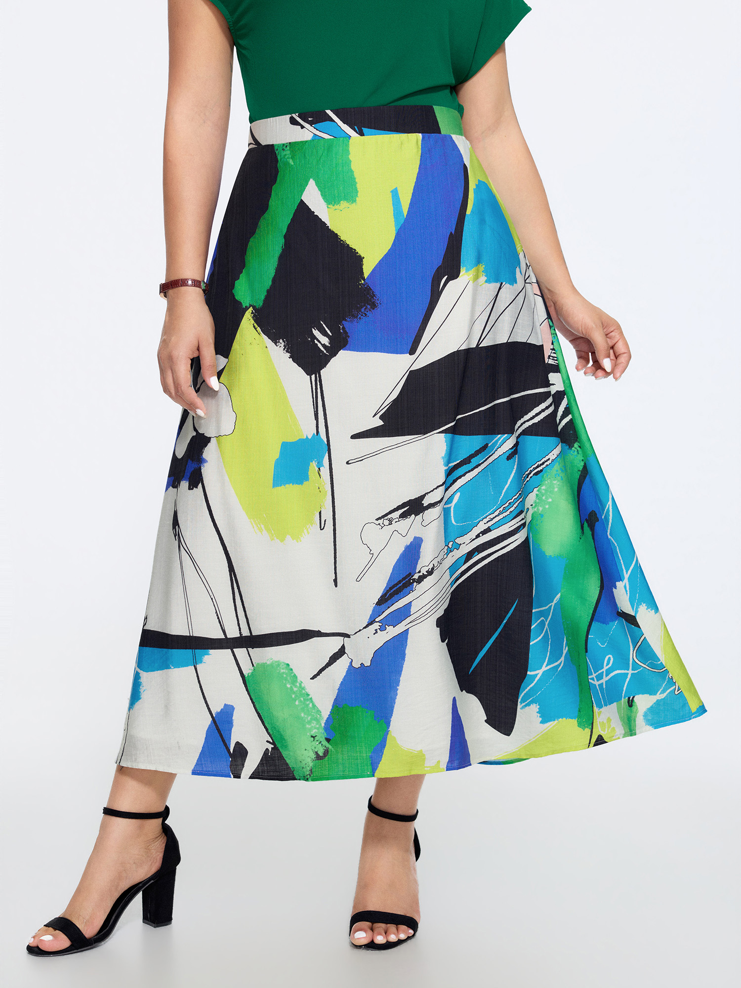BloomChic Women's Plus Size Abstract Art Print Elastic Waist Midi Skirt Multicolor Smocked Flared Office 22-24/3X