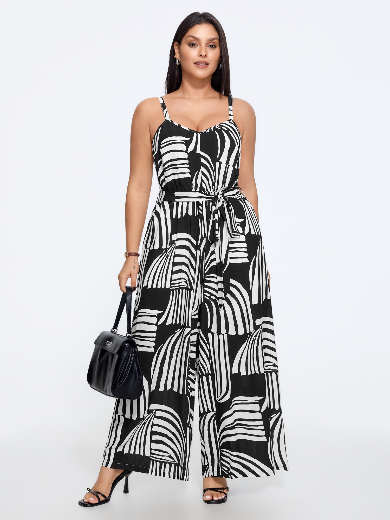 BloomChic Women's Plus Size Abstract Print Side Tie Wide Leg Jumpsuit Black Office 10/M