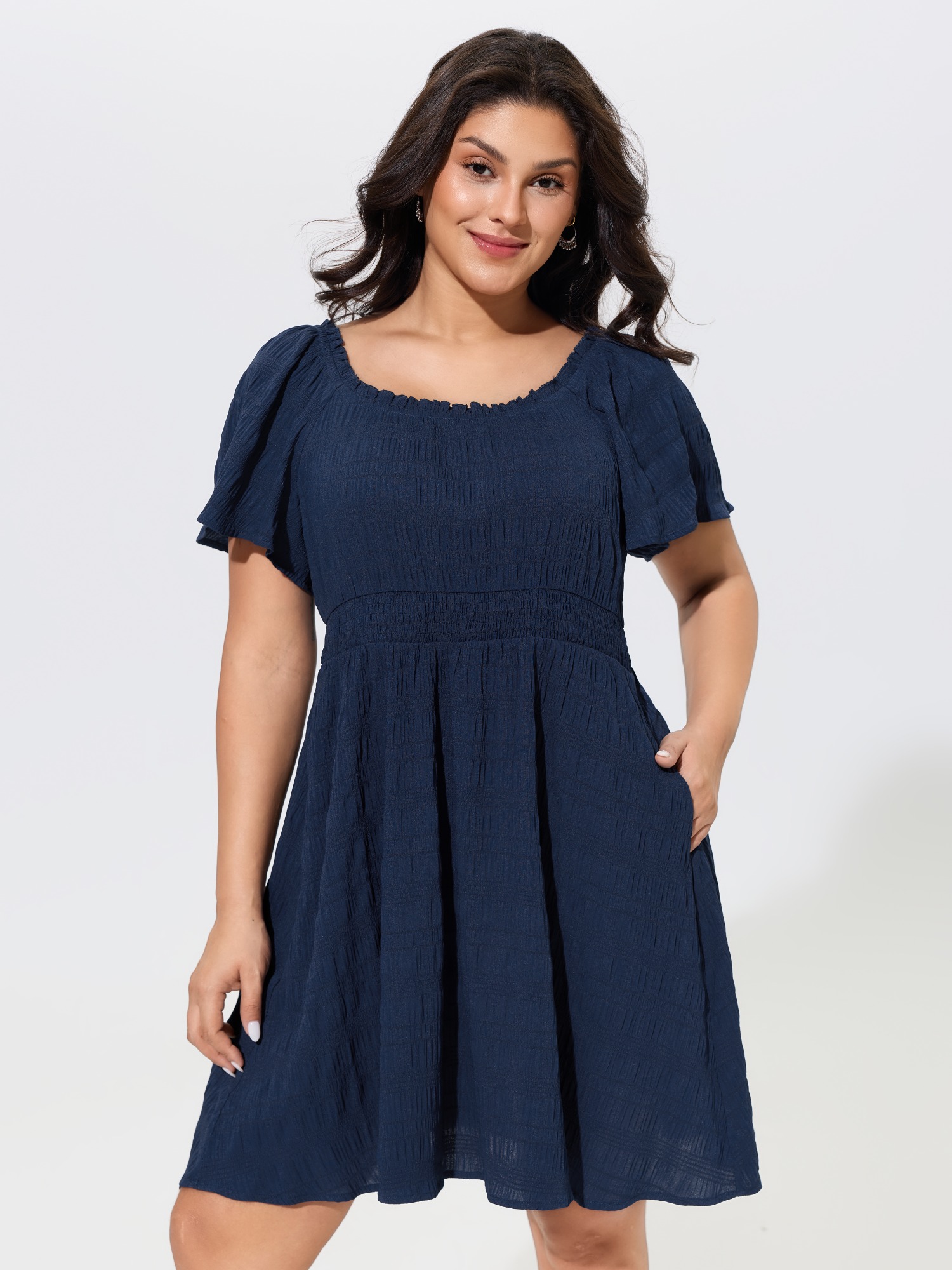 BloomChic Women's Plus Size Textured Square Neck Ruffle Trim Mini Dress DarkBlue Solid Mini Vacation Smocked 22-24/3X