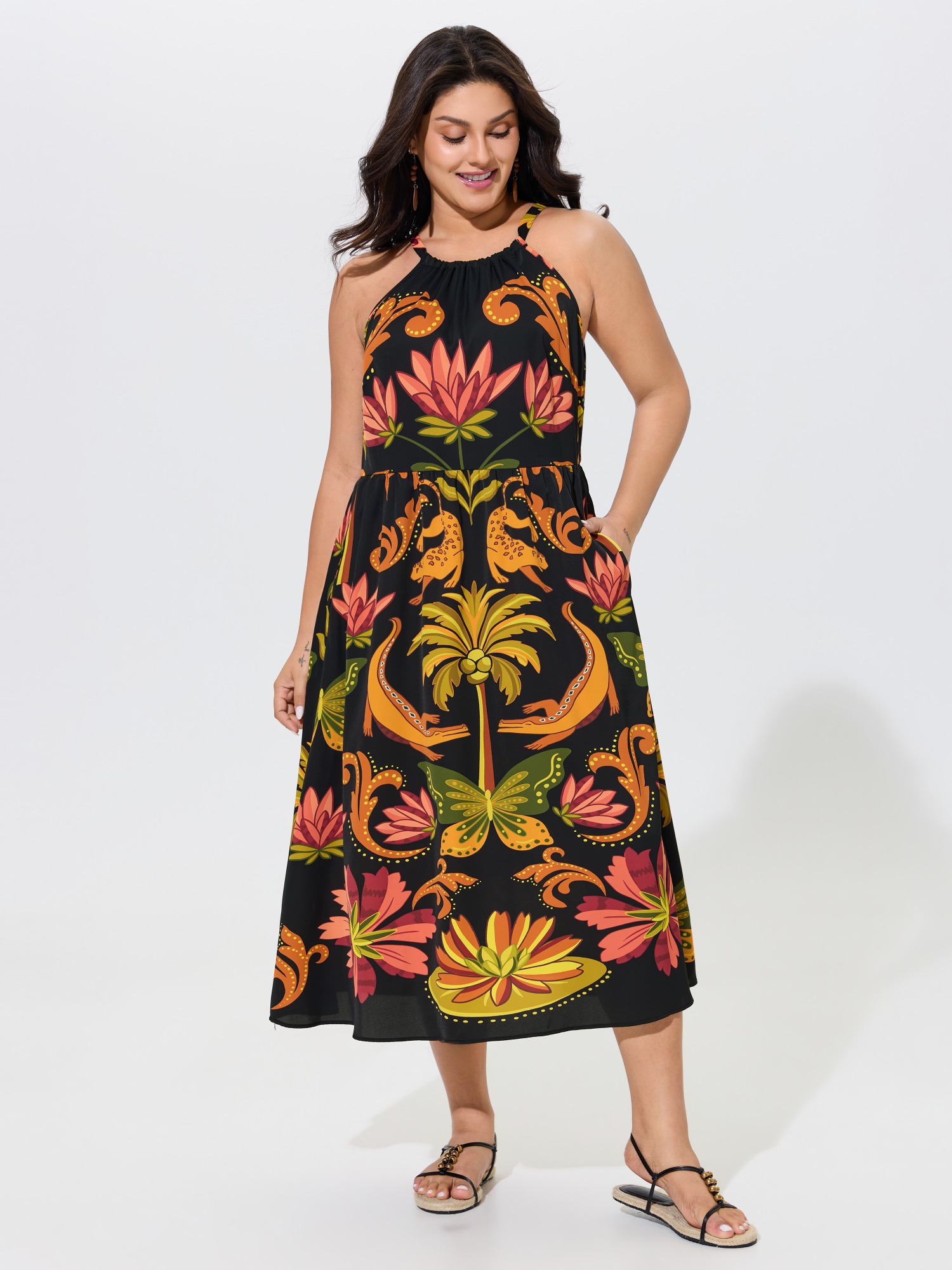 BloomChic Women's Plus Size Tropical Print Halter Neck Midi Dress BlackFlower Floral Midi Vacation Lace-Up 10/M