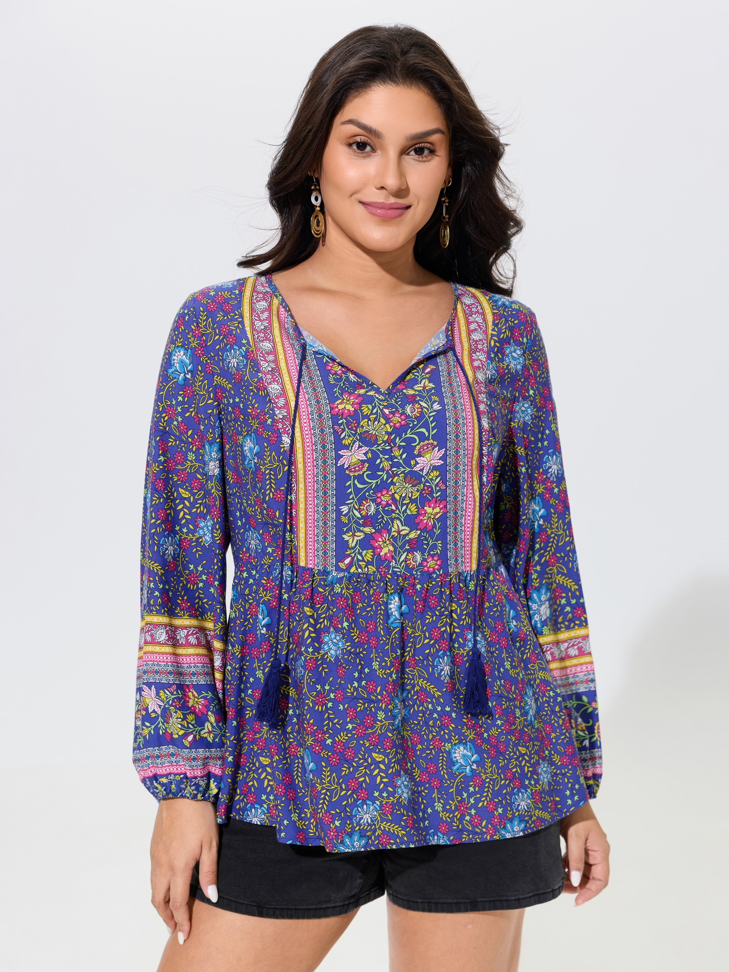 BloomChic Women's Plus Size Boho Floral Print Tassel Tie Blouse DarkBlue Ethnic Floral Vacation Long Sleeve V-Notch Neck 10/M